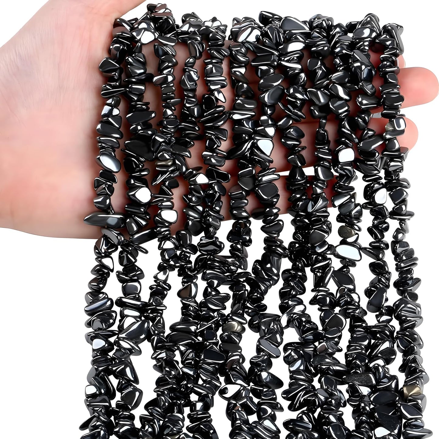 HAAMIIQII 5-8mm Natural Black Hematite Chips Beads - Genuine Real Irregular Freeform Chip Loose Gemstone Energy Healing Beads for Jewelry Making - 30 Inch Strand