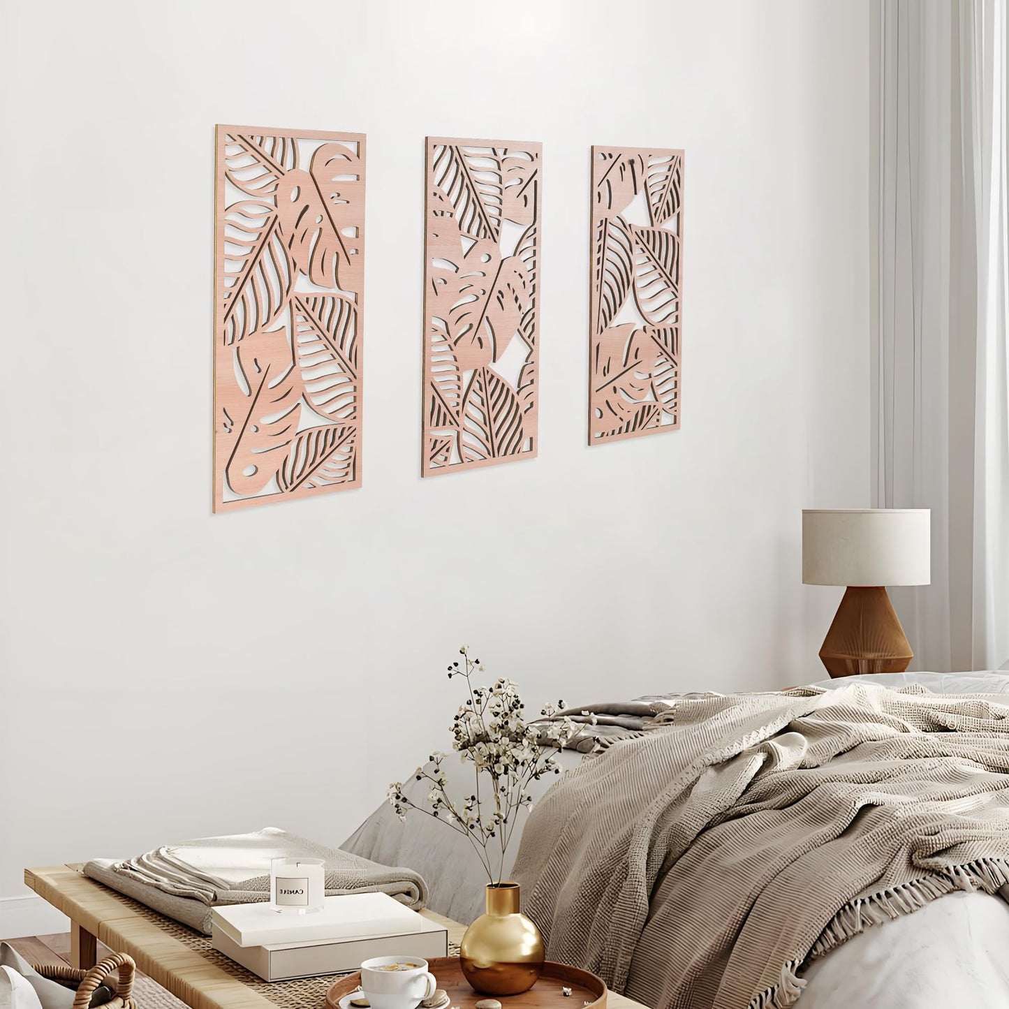 Tropical Decor 3D Wood Wall Art Set of 3, Carved Palm Tree Coastal Wall Decor, Hawaiian Wooden Wall Art for Bedroom, Bathroom, Living Room (Palm Leaf Cutout - 15.7 x 7.87 inch)