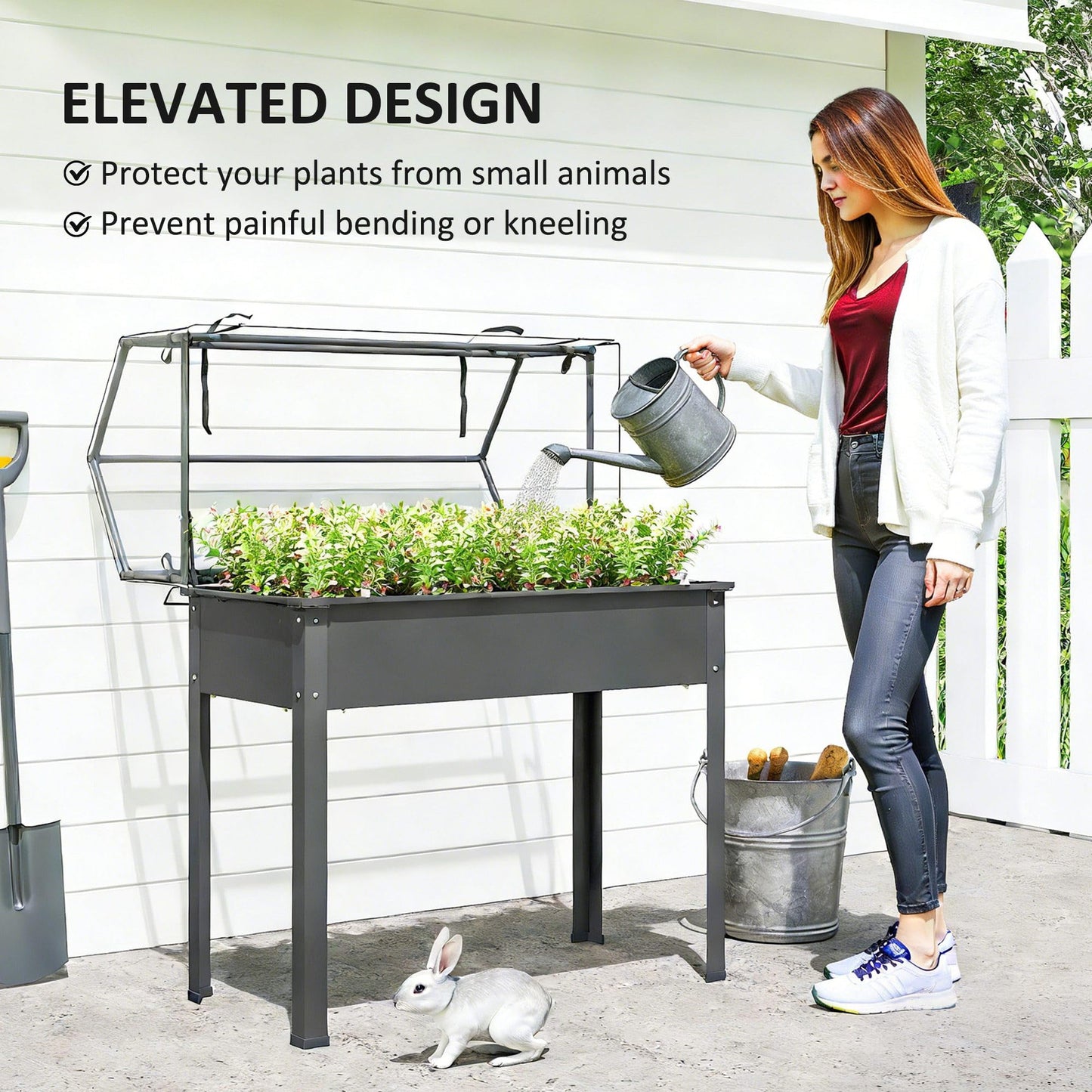 Outsunny Raised Garden Bed with Greenhouse Cover, Elevated Planter Box with Legs and Drainage Hole for Vegetables Flowers Herbs, 39.4" x 18.9" x 48.8", Dark Gray