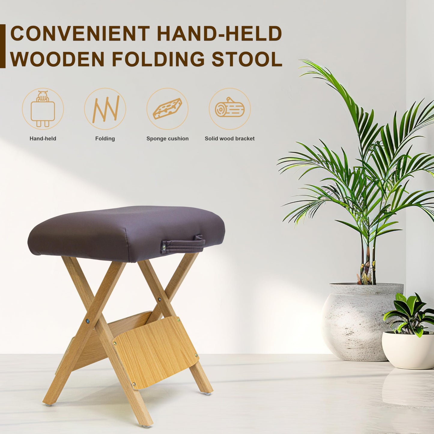 Elitzia Convenient Wooden Folding Stool SPA Beauty Salon Beautician PU Sponge Soft Hand-Held Portable Travel to Folding Low Stool Comfortable Working Wood Foldable Chair Home ET20646 (Coffee Colour)