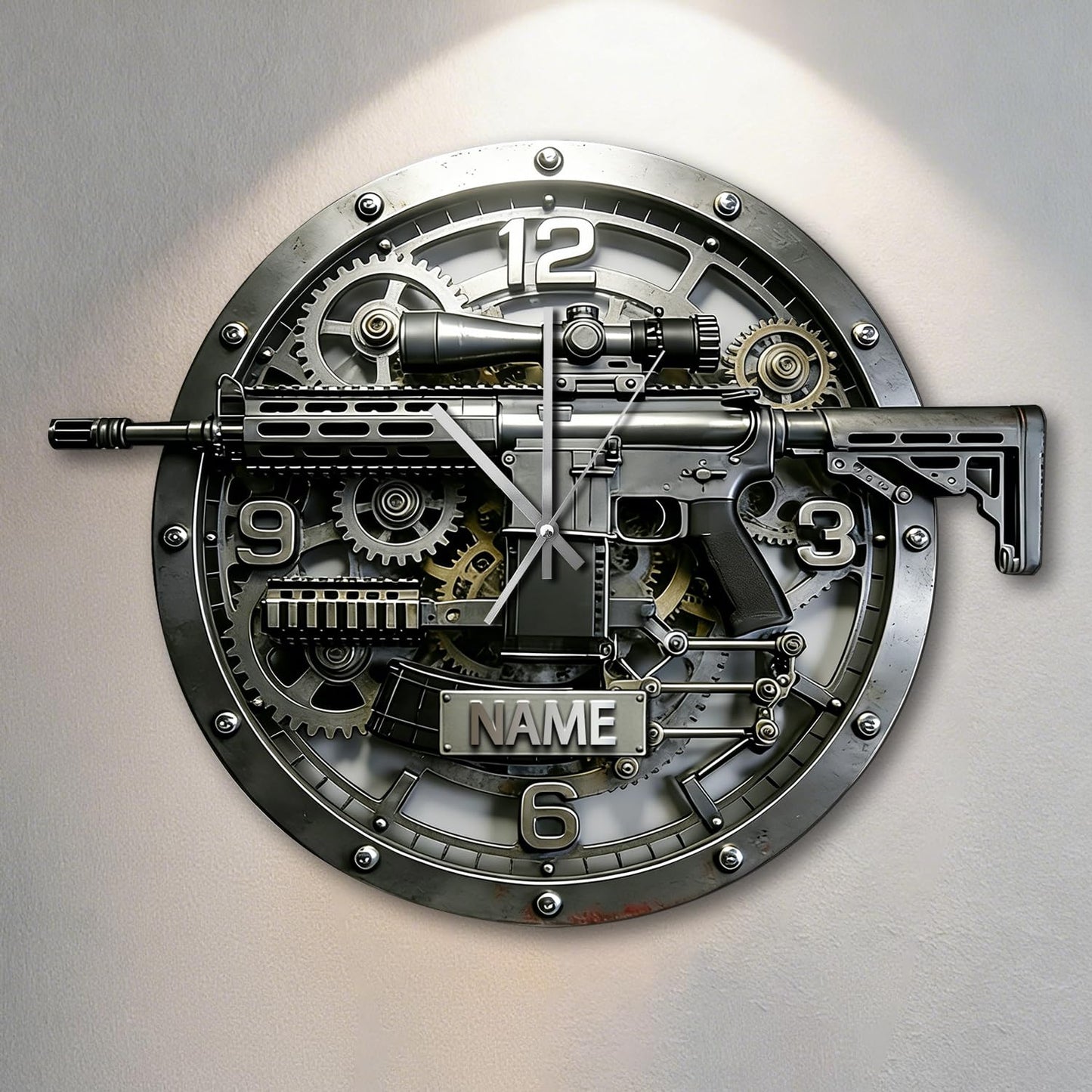 Personalized 2D Flat Printing Gun Wall Clock, Custom Name Tactical Gun Clocks Wall Decor for Bedroom Living Room Man Cave, Fathers Day Birthday Gifts for Dad Husband Grandpa Military Lovers (Style 12)