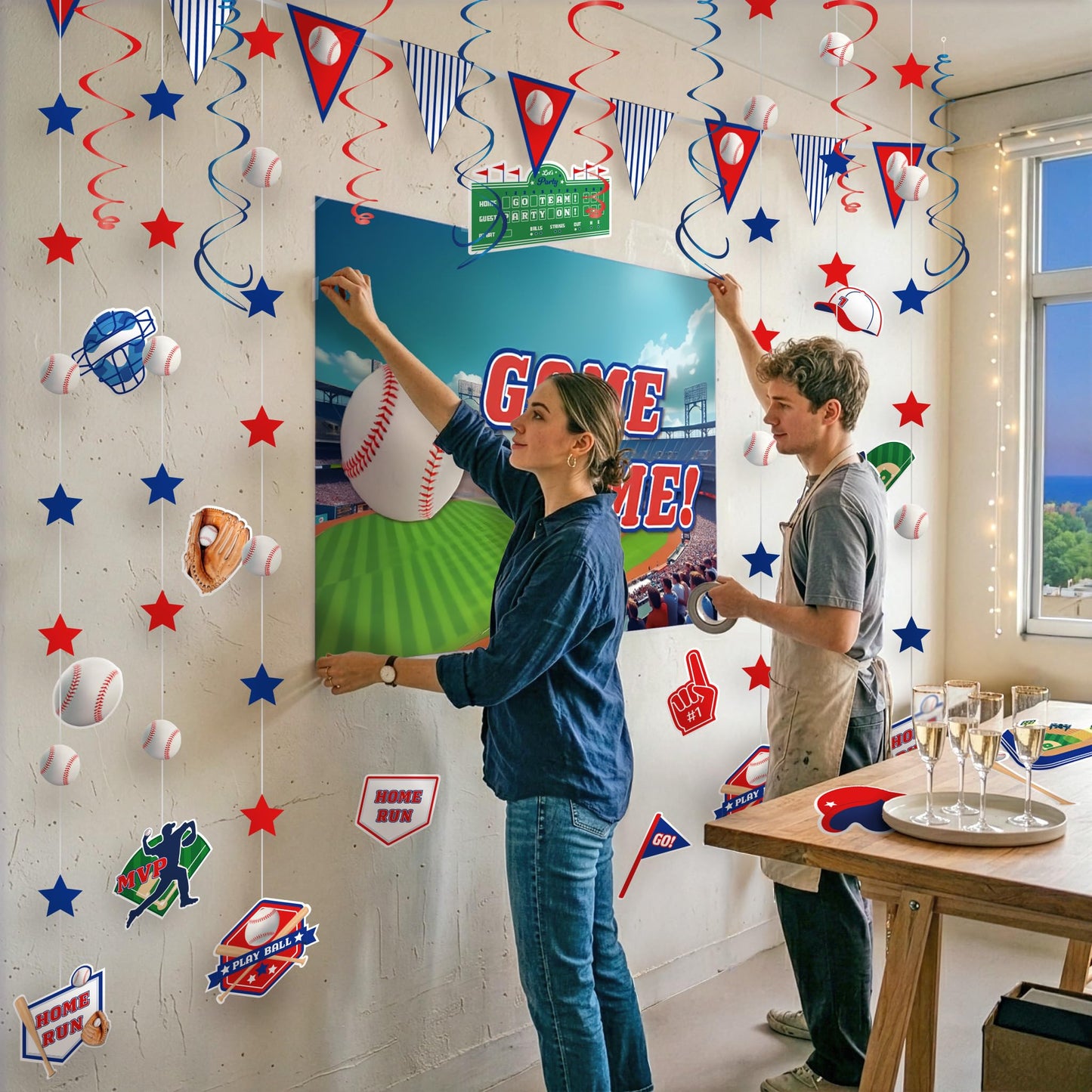 HonuGoGo Baseball Party Decorations, 33PCS Set with Game Time Backdrop, Paper Banners, Hanging Swirls and Cutouts, Red Blue White Baseball Themed Decor for Sport Events and Birthday Celebrations