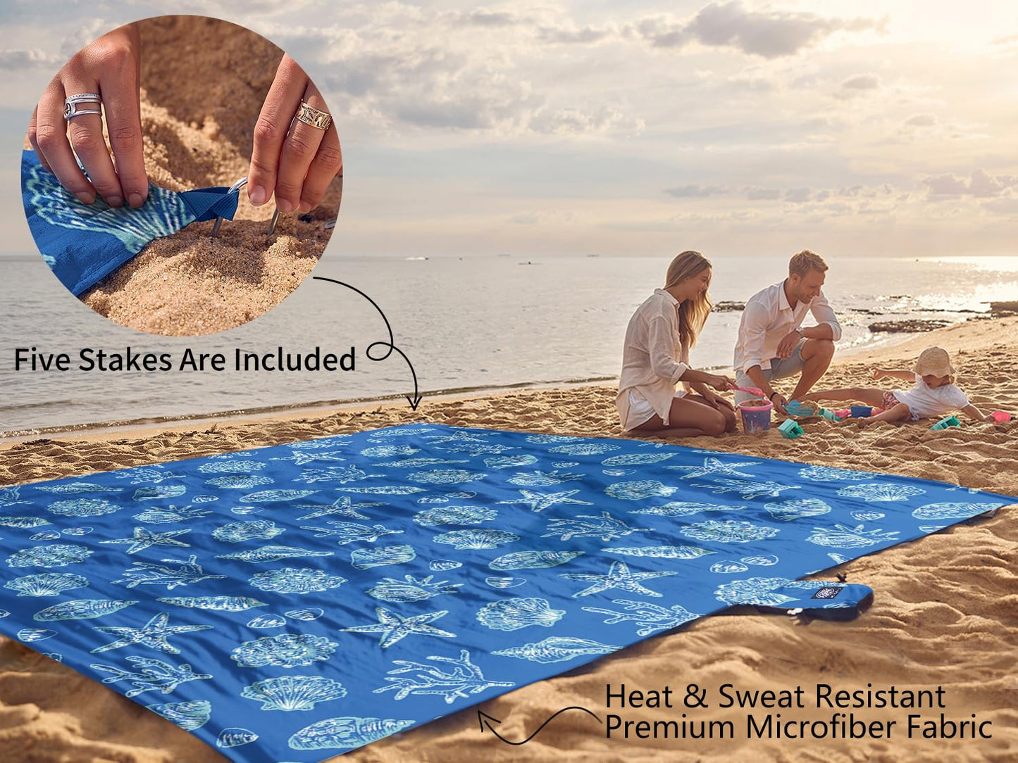 WEKAPO Beach Blanket Waterproof Sandproof Oversized, Extra Large Beach Mat Sand Free, Lightweight & Compact Sand Free Mat with 6 Stakes & 4 Corner Pockets (Blue Sea Shells, 8 x 7 FT (1～4 Person))