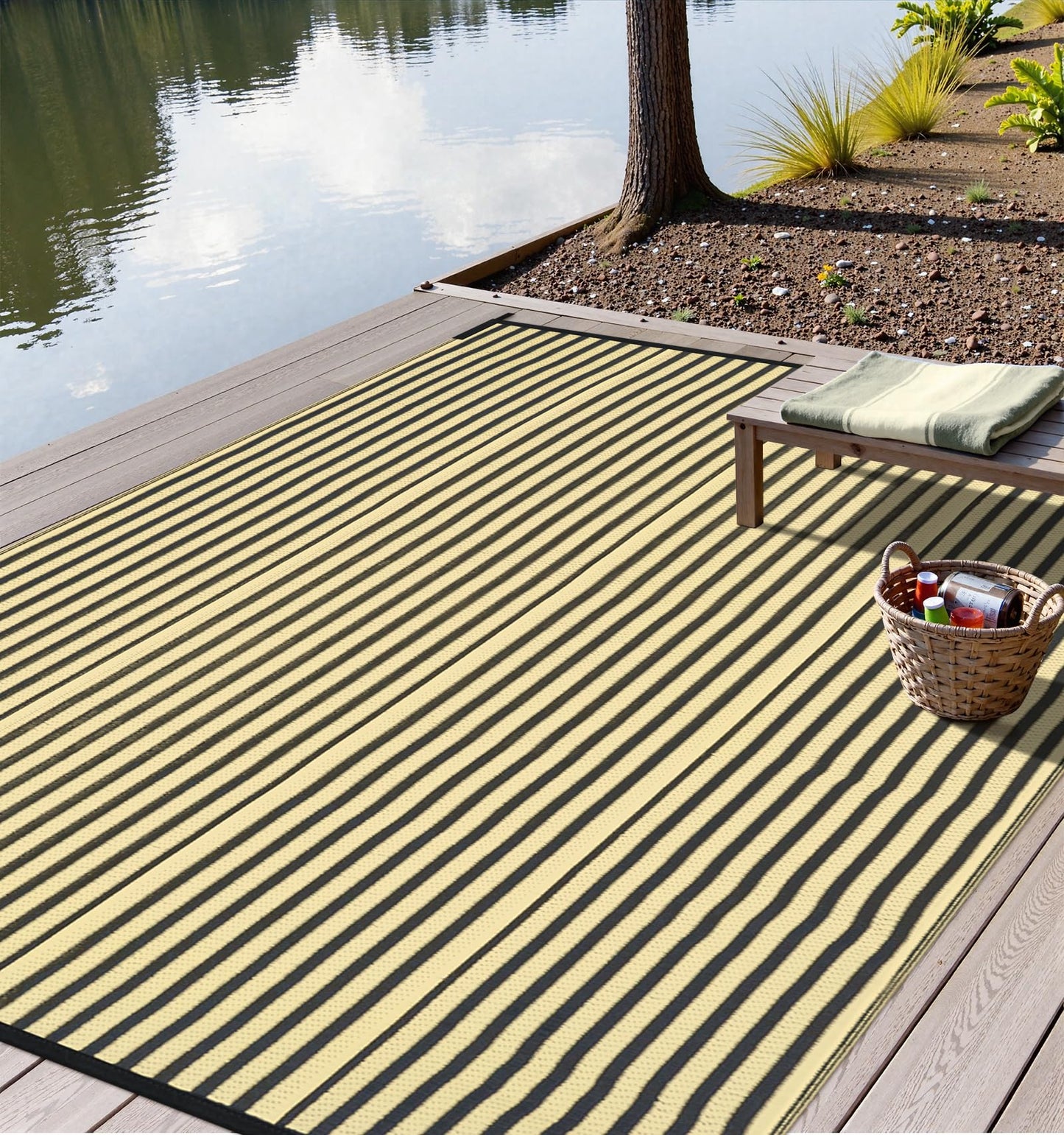 LEEVAN Waterproof Outdoor Rug 8x10 Black and Brown Patio Rug Clearance Large Plastic Straw Backyard Area Rug Striped Camping Outside Mat for Picnic, RV, Deck, Bench, Balcony