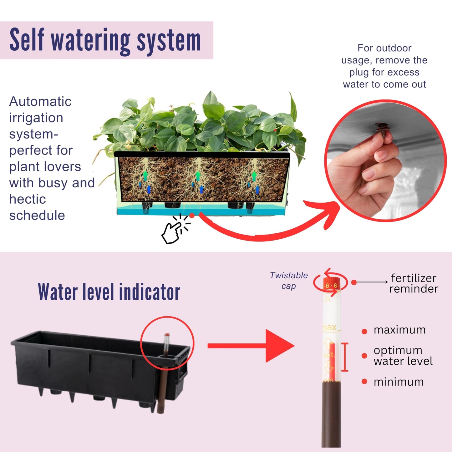 LaLaGreen Wall Planters for Outdoor (14 Inch, 4 Pack) Black Self Watering System Hanging Planter Box Flower Pot, Rectangular Wall Mount Indoor Vertical Living Garden Decoration Window Sill Herb Trendy