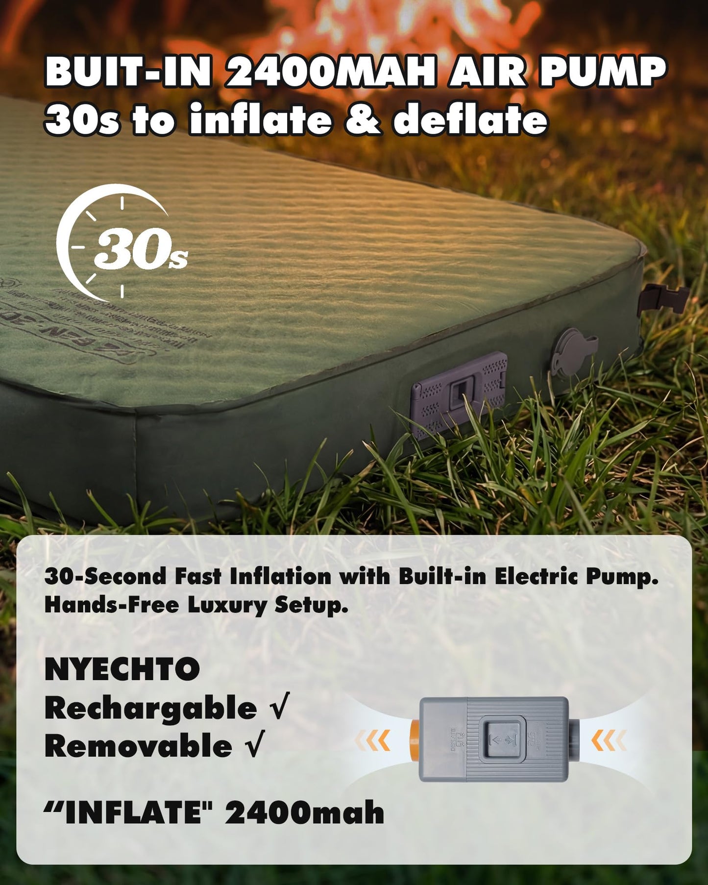 Self-Inflating Sleeping Pad With Electric Pump, 4" Ultra-Thick Memory Foam Camping Mattress For Tent Car Travel, Fast Inflation 20s, 9.5 R-Value 4-Season Insulated, Compact Portable Comfort