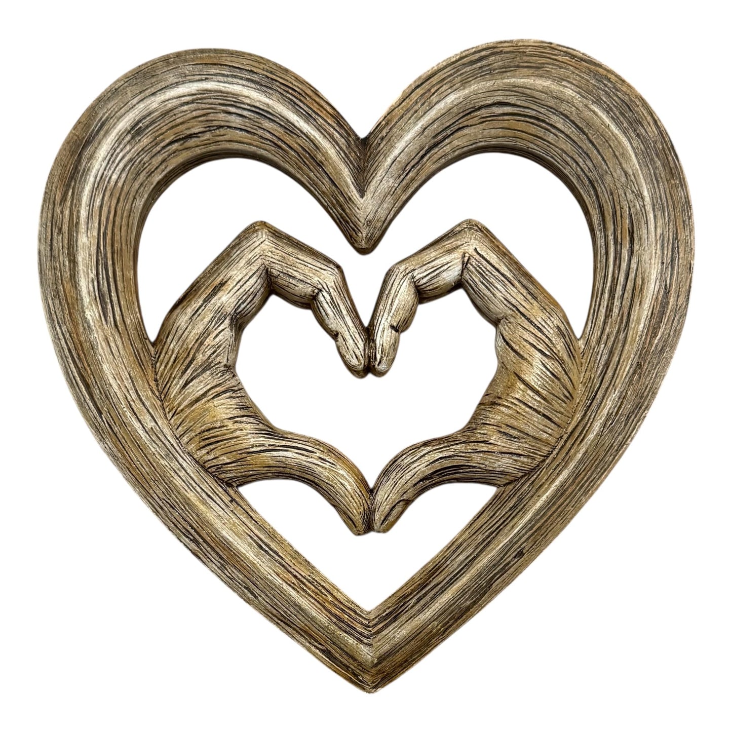 Top Brass Heart Hands Wall Decor – Romantic Resin Heart Sculpture, 8 1/8" x 8 1/8” – Symbolic Love Wall Art with Sawtooth Hanger – Wood Grain, Matte Black, Rustic Bronze, Antique Silver Finish (Wood Grain)