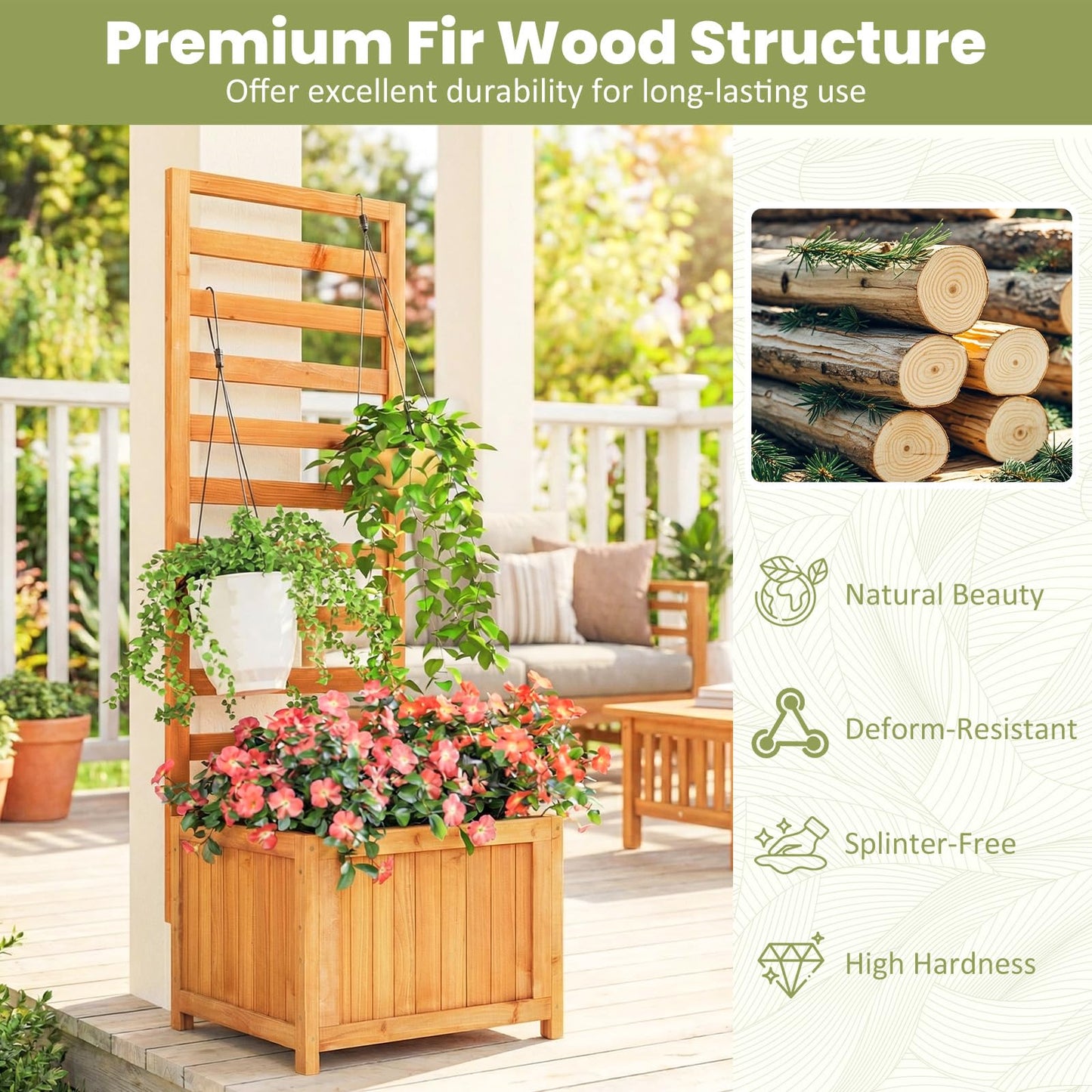 Giantex Wood Raised Garden Bed with Trellis, Outdoor Planter Box for Vines Flowers Vegetables, Herbs, Freestanding Plant Container Privacy Planters for Porch, Patio, Backyard