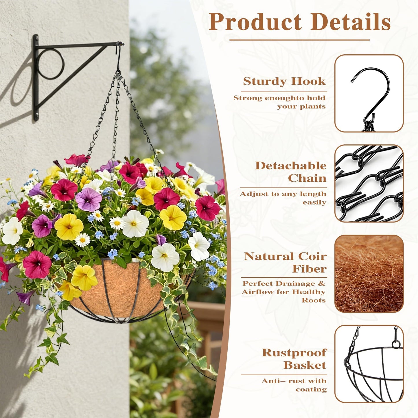 4 Pack Hanging Planter for Outdoor Plants 16 inch Metal Hanging Flower Basket with Coco Coir Liner Round Wire Plant Holder Chain Flower Pots Outdoor Garden Decoration Watering Hanging Baskets(XG)