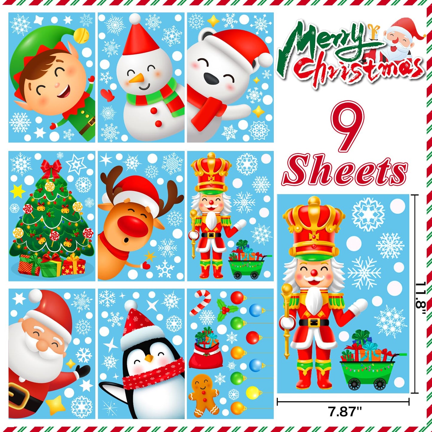 9 Sheets 200+Pcs Christmas Window Stickers Xmas Decals for Glass Snowflake Santa Claus Reindeer Christm Tree Window Cling Sticker for Decorations