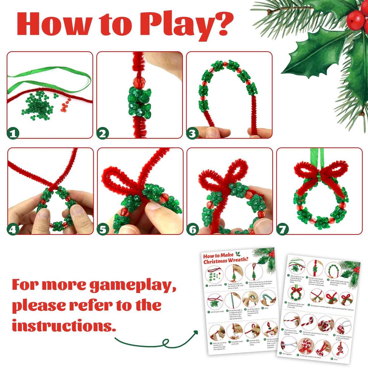 Hifunwu 45 Sets Christmas Beads Ornament Kit, Christmas Crafts with Pipe Cleaners to Make Snowman Christmas Tree Wreath Candy Cane Lollipop
