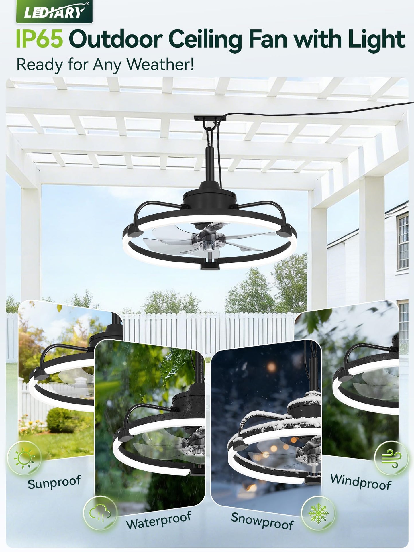 LEDIARY 20" Outdoor Ceiling Fan with Lights, IP65 Waterproof Gazebo Fan with Hanging Hook, Plug-in Ceiling Fan Remote&APP Control, 3CCT Dimmable, 6-Speeds, Caged Ceiling Fan for Gazebo,Patio,Pergola