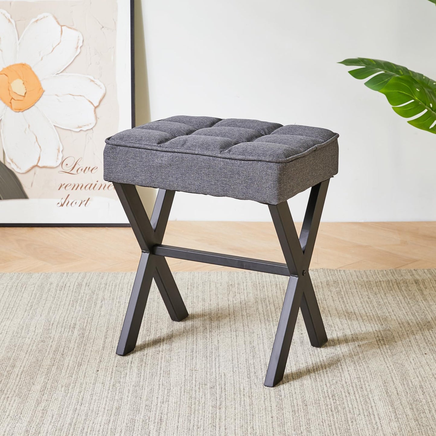 IBUYKE Square Makeup Stool with X-Leg Foot Rest, Linen Footrest, Ottoman Seat, Multi-Use as Small Side Table, for Bedroom, Living Room, Dark Gray LG-70G