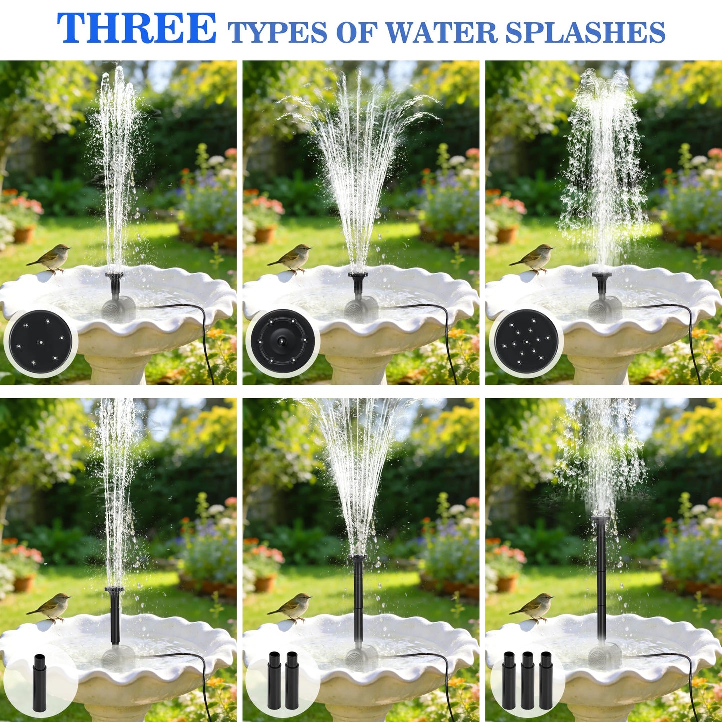 FYDGTPI 2.5W Solar Water Pump with 3 Spray Nozzles, 3.94FT Tubing, 9.85FT Power Cable, DIY Solar Water Fountain for Garden, Yard, Water Feature