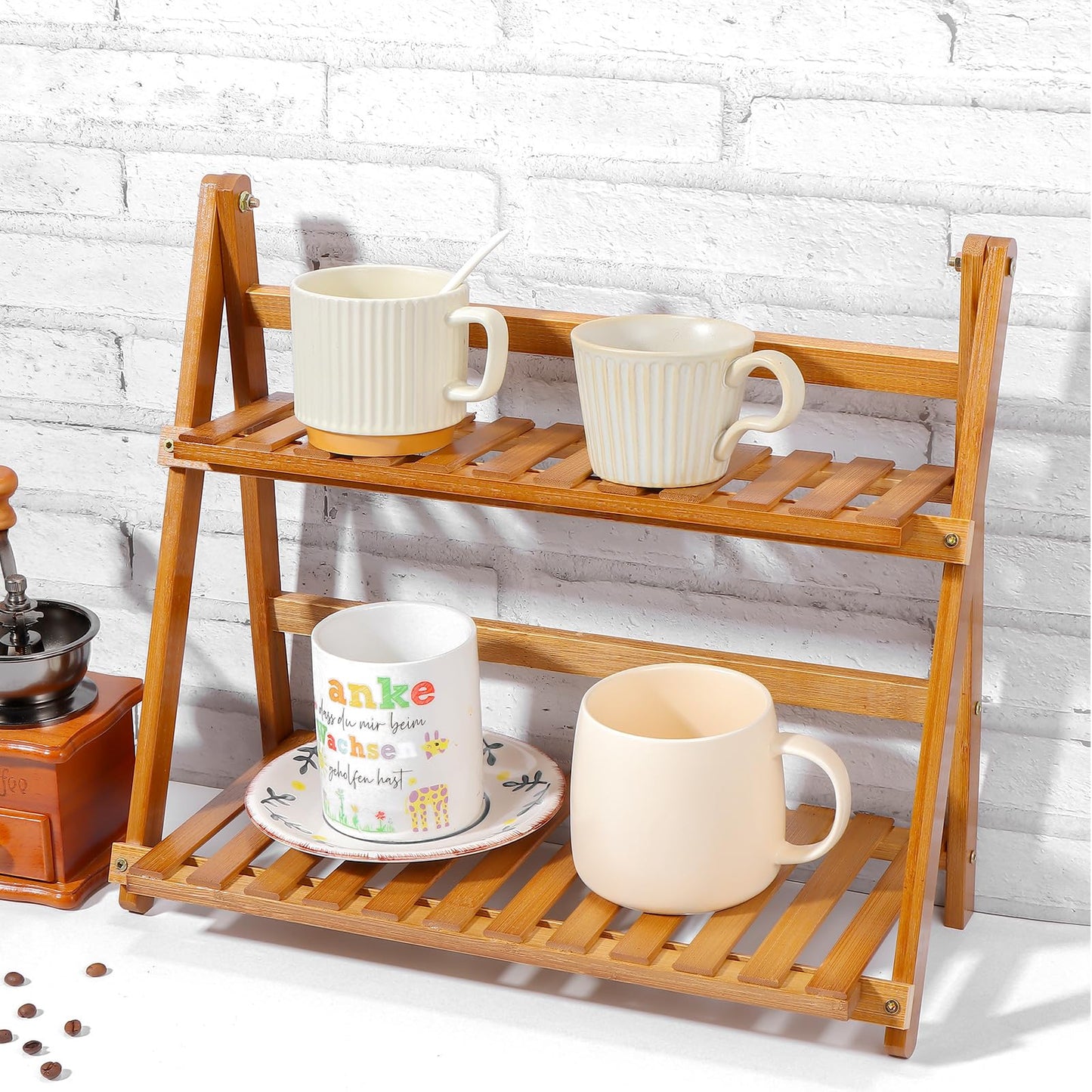 HCEWSBFD 14.6"/18.5" 2 Tiers Bamboo Plant Stand Shelf Wicker-Look Coffee Station Organizer Matcha Station Shelf Bamboo Mug Holder Countertop Kitchen Shelfs Condiment for Office Decorate Storage Rack