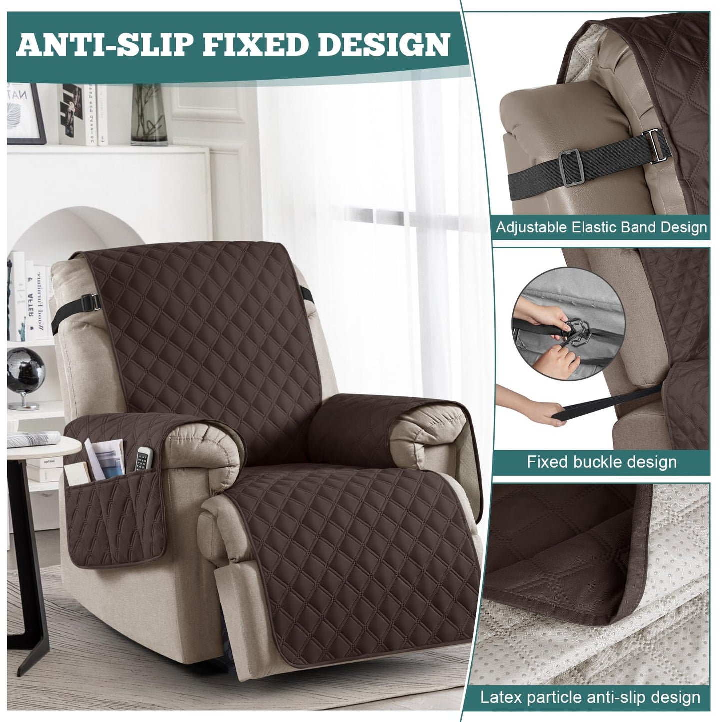 Ruaozz 100% Waterproof Recliner Chair Covers, Non-Slip Reclining Covers for Recliner Chair Washable Chair Cover, Recliner Covers with Pockets for Kids, Dogs, Pets (Chocolate, 23'')