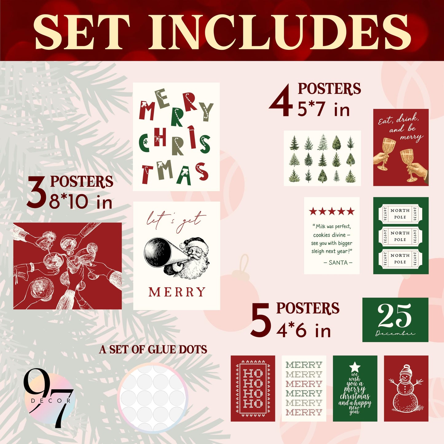 97 Decor Retro Christmas Prints Unframed - Trendy Christmas Posters For Room Aesthetic, Classic Holiday Artwork Winter Pictures, Funny Merry Xmas Painting Santa Pine Tree Gallery Wall Art For Bedroom