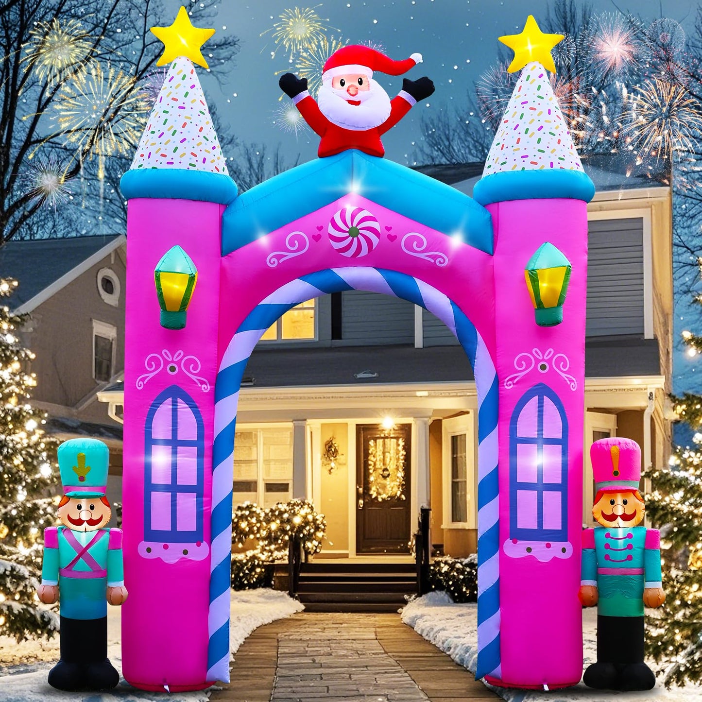 Christmas Inflatable Archway Outdoor Decoration – 12FT Nutcracker Blow Up Arch with LED Lights, Featuring Santa Claus and Festive Christmas Soldiers for Yard, Entryway, or Holiday Party