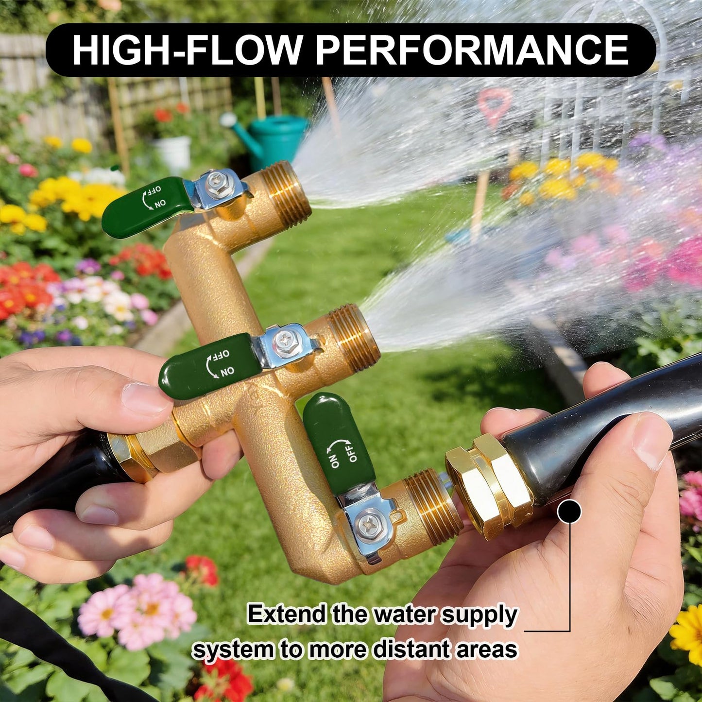 Yayamz Heavy-Duty Brass Garden Hose Divider - 3/4-inch GHT Threaded Tee with Shut-Off Valve, Water Flow Divider for High-Pressure and High-Flow Faucet Adapter, Metal Handle with Green Rubber