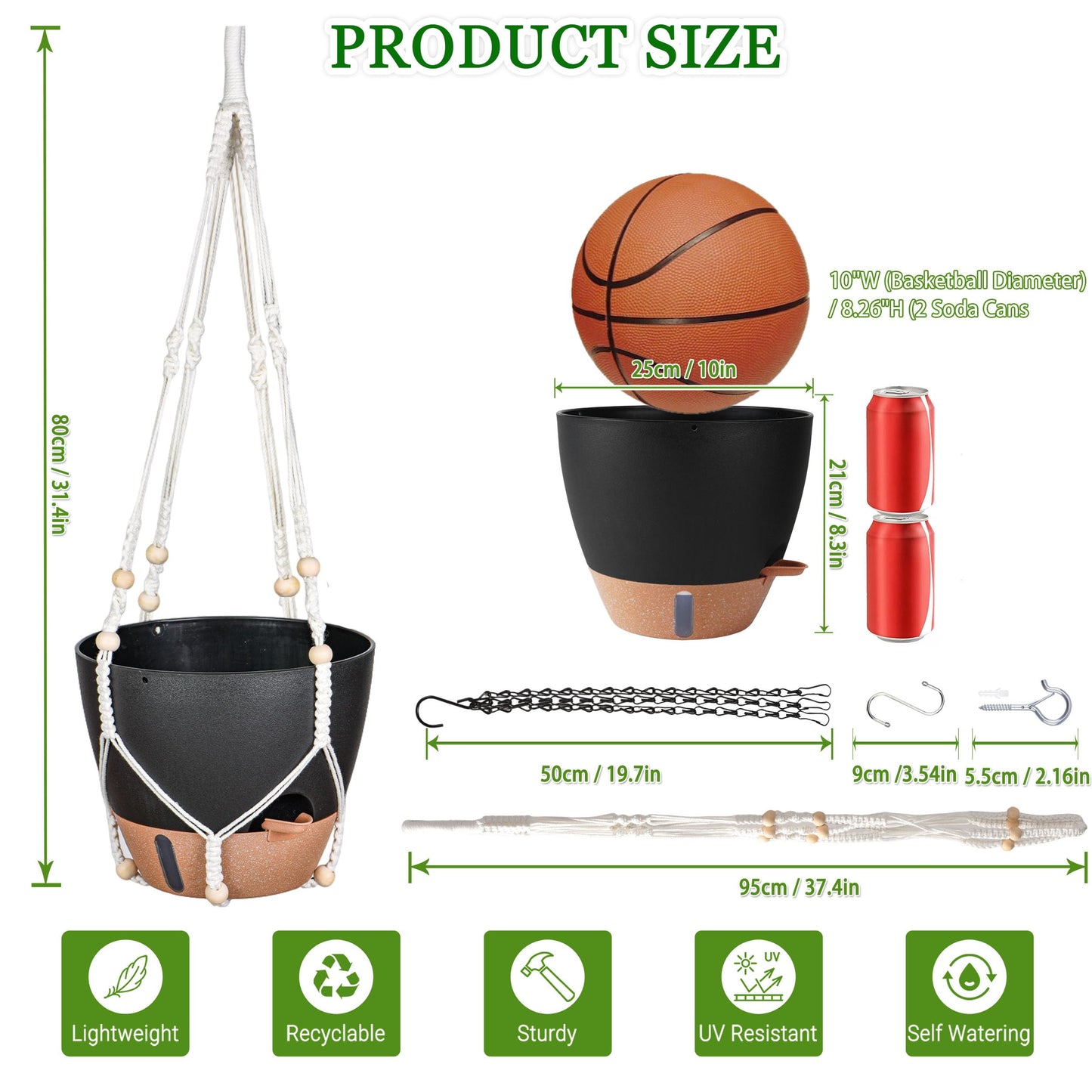 Fielda 10 Inch Hanging Planters for Indoor Plants, 2 Pack Self Watering Hanging Baskets Flower Pots with Drainage Hole, Visual Reservoir & 2 Kinds of Plant Hanger for Outdoor Garden Home Decor（Black）