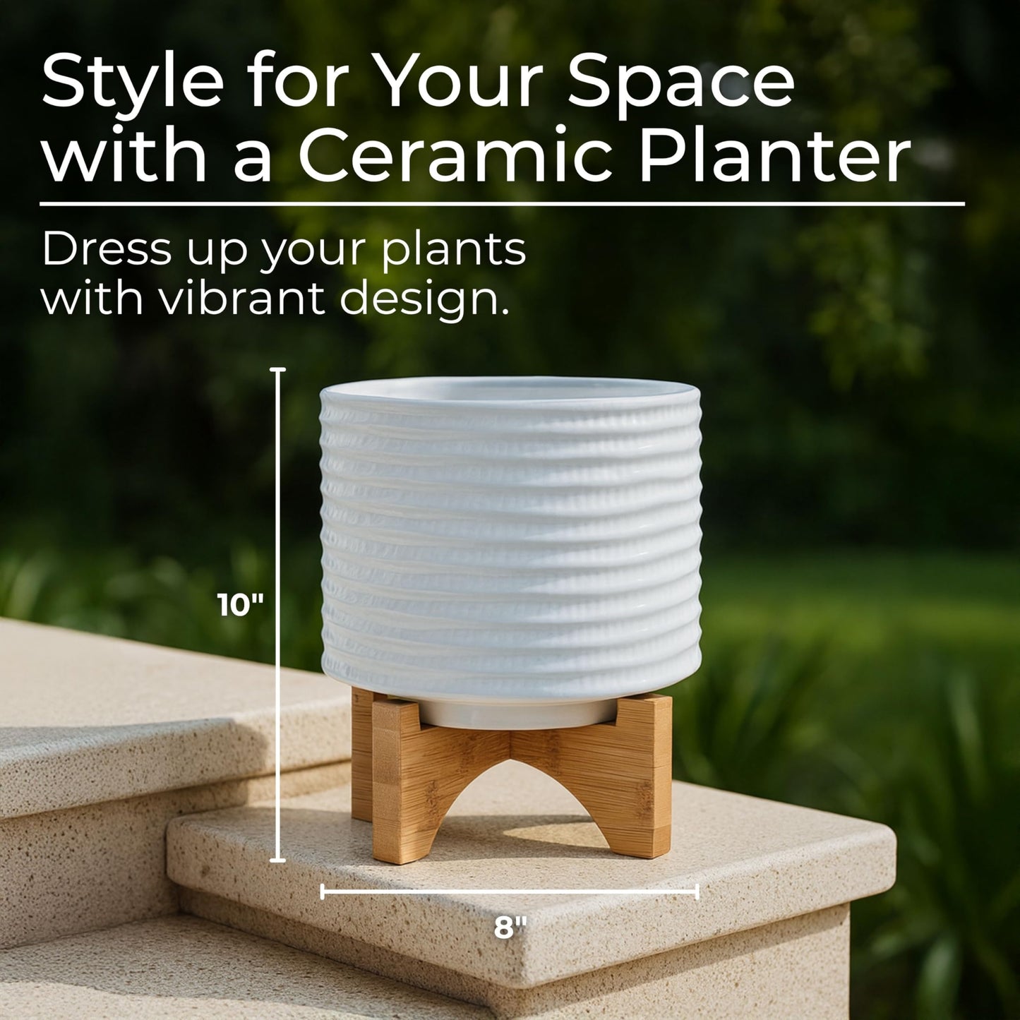 Ceramic Planter with Bamboo Stand – Modern Home Decor Indoor Plant Pot with Textured Stoneware Design – Decorative Planter with Legs for Living Room, Bedroom, Office, Patio, or Garden - 8", White