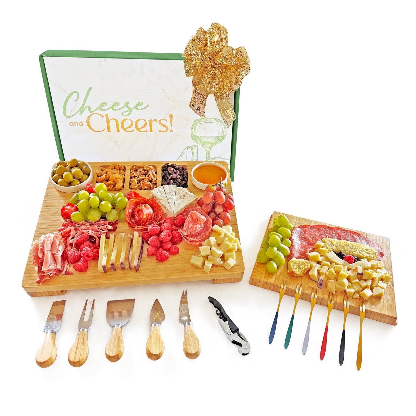 Charcuterie Board and Cheese Board Set with Knives, Bowls, Color Forks & Wine Opener – Premium Appetizer Platter with Compartments, Eco Friendly Charcuterie Accessories for Stylish Hosts.