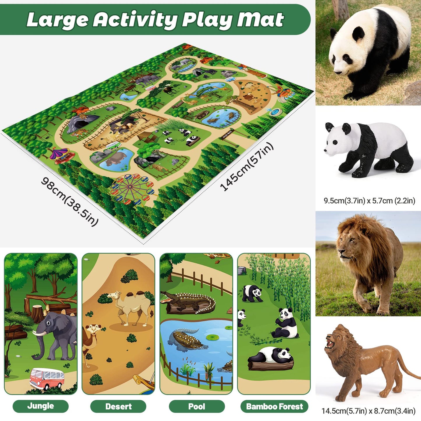 FRUSE Safari Animals Figures Toys w/ 57”x38.5”Jumbo Play Mat,12PCS Realistic Jungle Wild Zoo Animals Figurines Playset with Panda,Lion,Elephant,Educational Learning Toys for Toddlers Kids