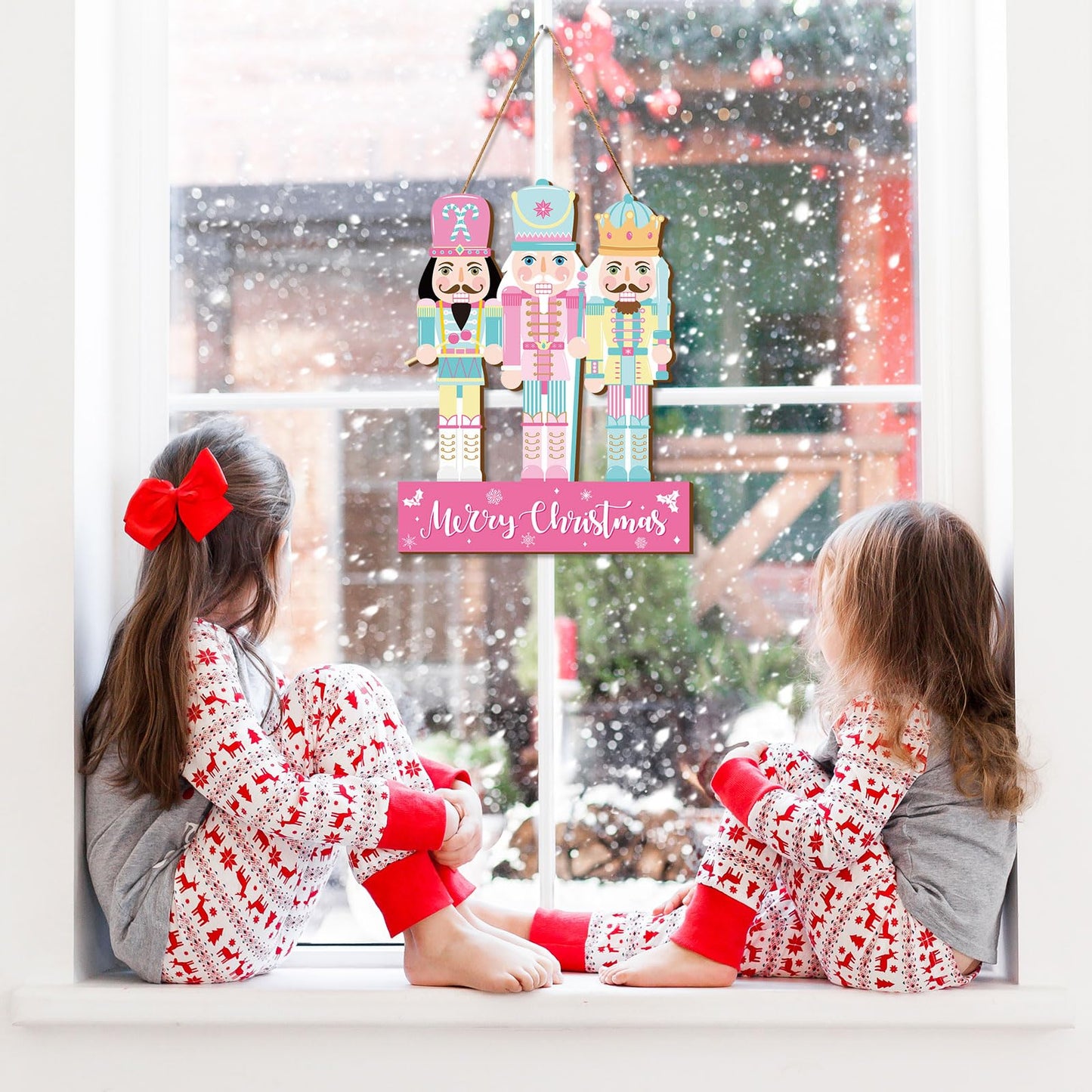 Whaline Christmas Wooden Hanging Sign Xmas Pink Blue Nutcracker Welcome Wood Sign Holiday Door Decor Signs for Indoor Outdoor Porch Wall