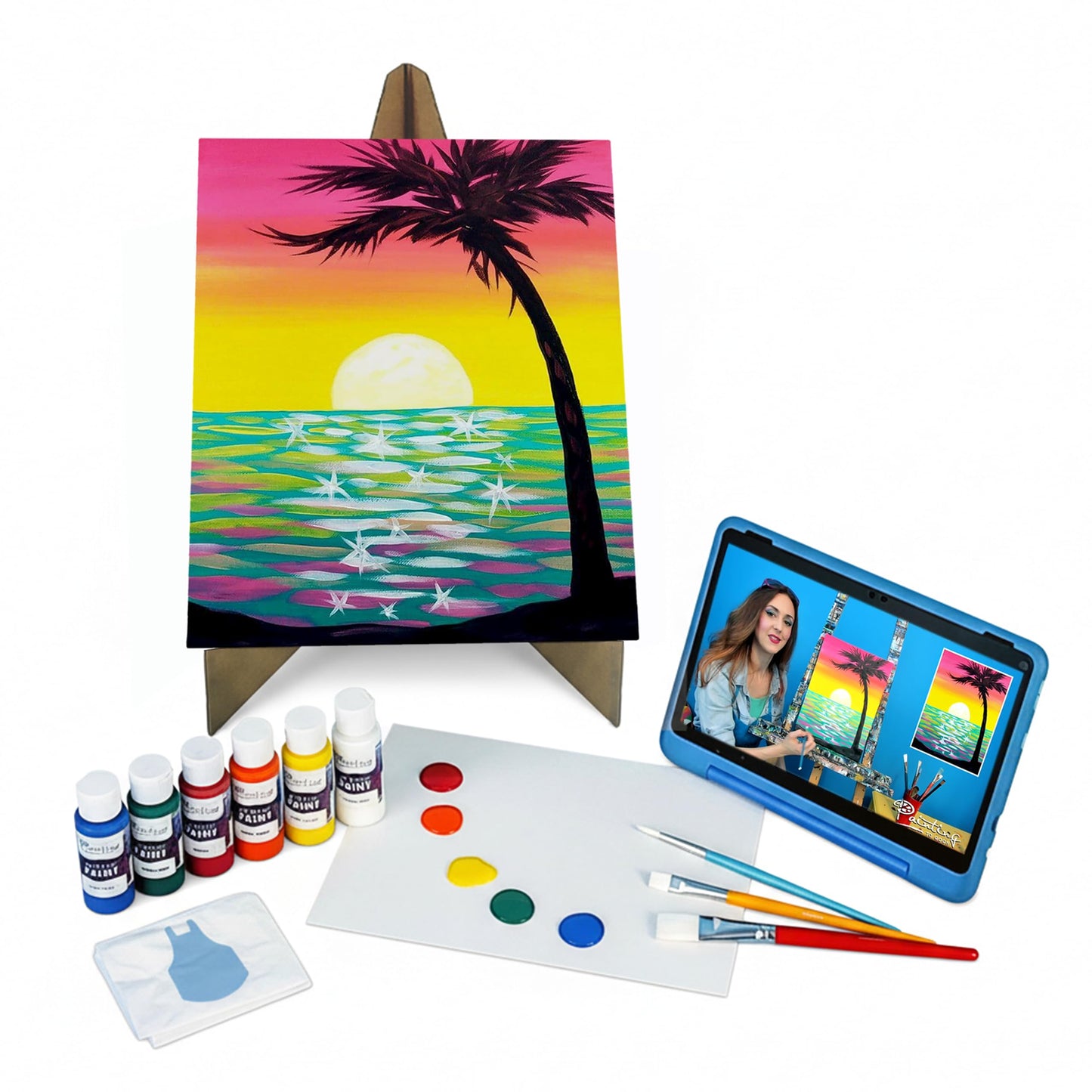 Painting to Gogh - Where the Sky Meets the Sea – Junior Artist Painting Kit – Ages 6+ – 11x14 Canvas, 3 Paint Brushes, Acrylic Paint, Cardboard Easel, Palette, Apron & Step-by-Step Tutorial for Kids