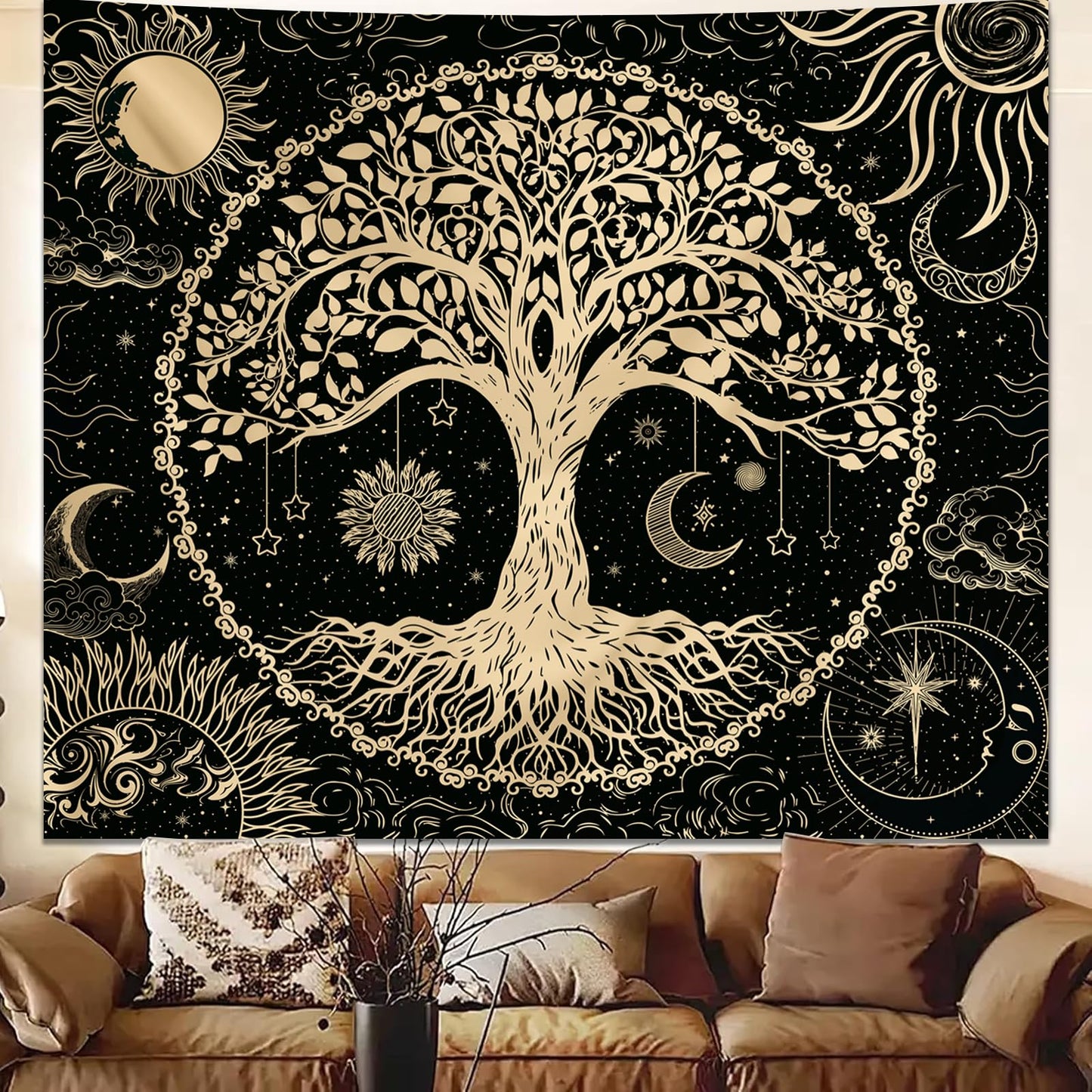 Avinyl Tree of Life Wall Tapestry for Bedroom, Sun and Moon Hippie Tapestries Aesthetic, Black and Gold Wall Hanging Home Decor for Dorm Living Room Office 51in x 60in