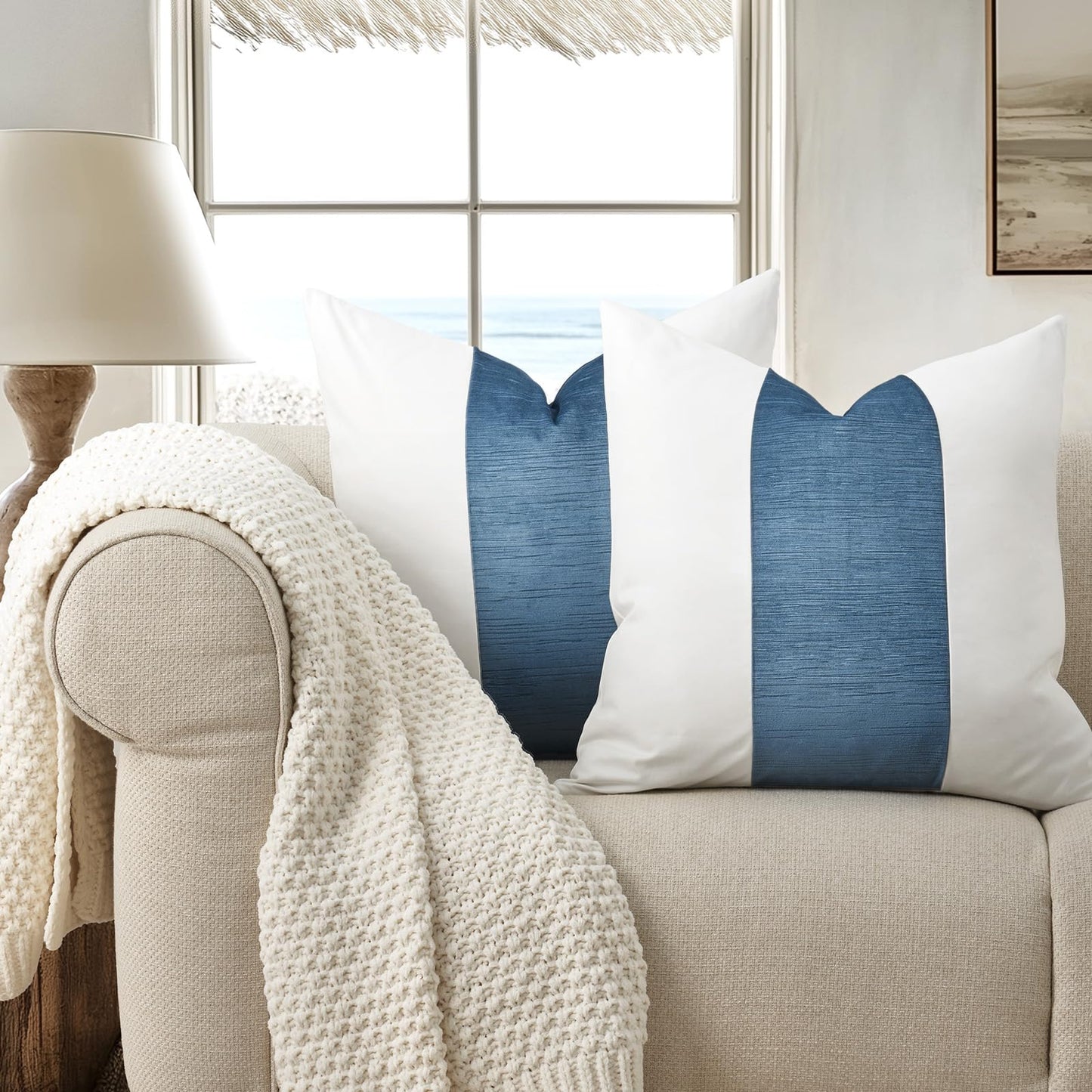 EVERGRACE x Kinsey Walsh Signature Velvet Panel Cotton Pillow Covers Set of 2, Decorative Pillow Covers 22"x22" for Couch, Square Cushion Cases for Sofa Bedroom Living Room, Blue Topaz