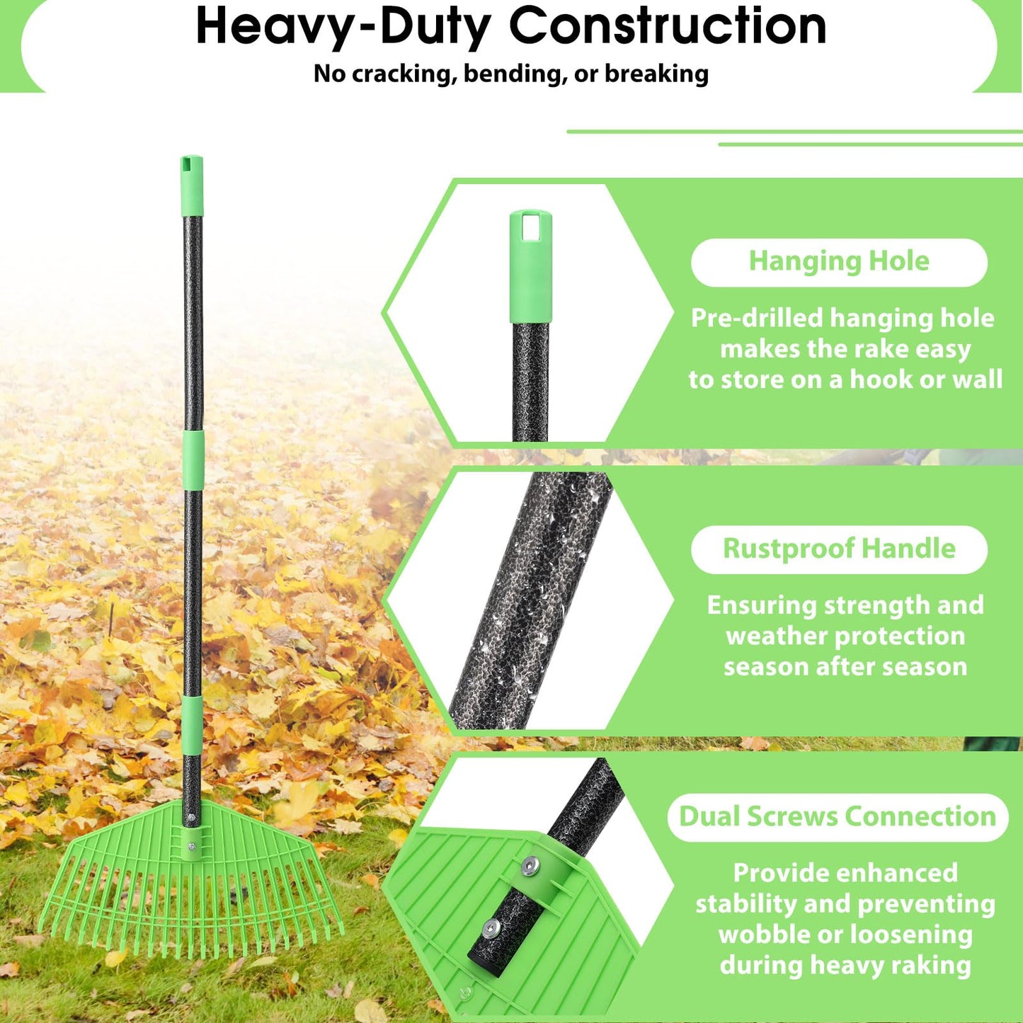 Garden Leaf Rake,16.5” Plastic Leaf Rake for Lawn,Unbreakable Nylon Head, No Harm to Lawn Grass,Yard Raking Tools for Turf Leaves Thatch Debris Pine Needle Cleanup, Lightweight for Kids Seniors