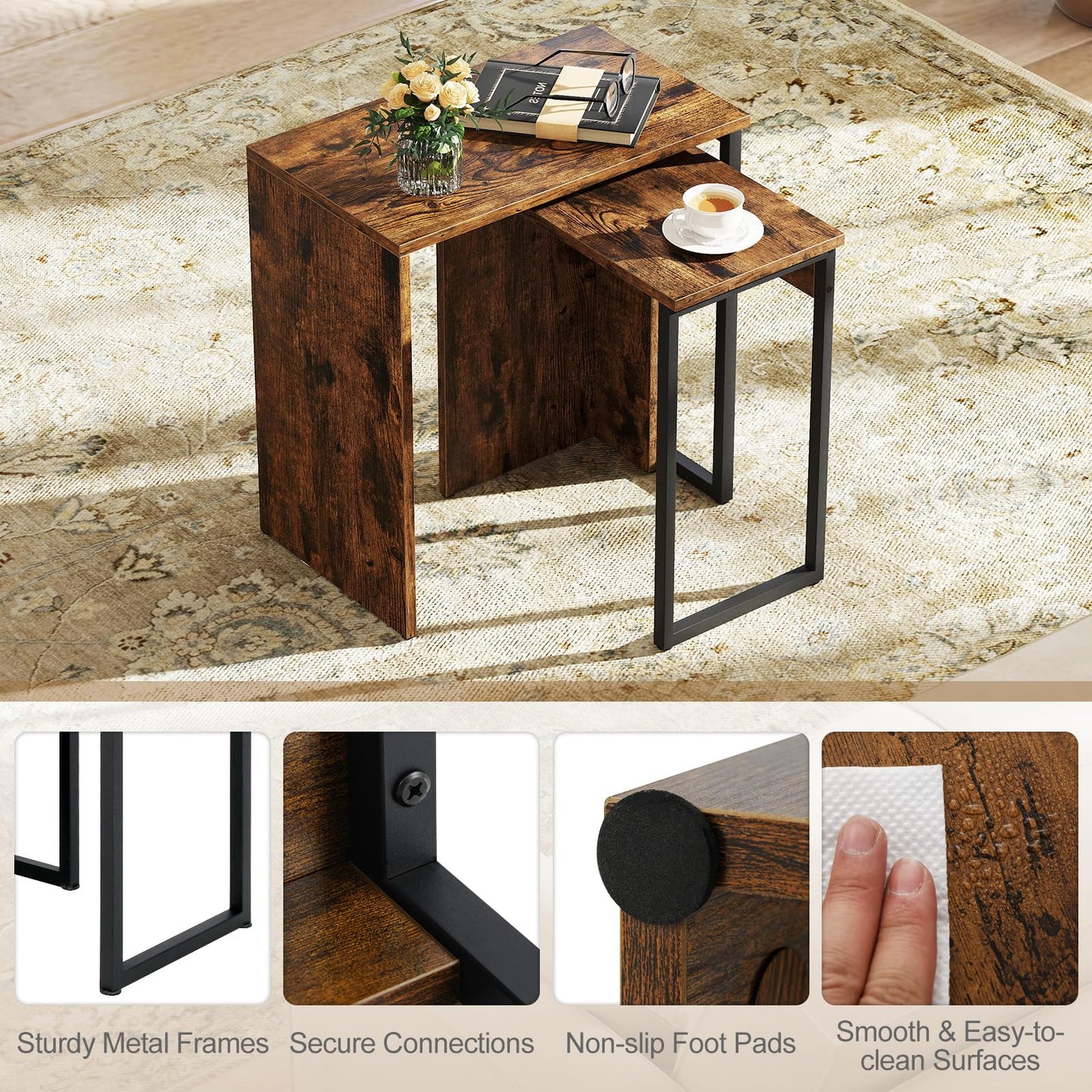 Giantex Nesting Coffee Table Set of 2, Rectangular Stackable Side Tables with Sturdy Metal Frames, Modern Nesting End Tables for Living Room, Bedroom, Rustic Brown