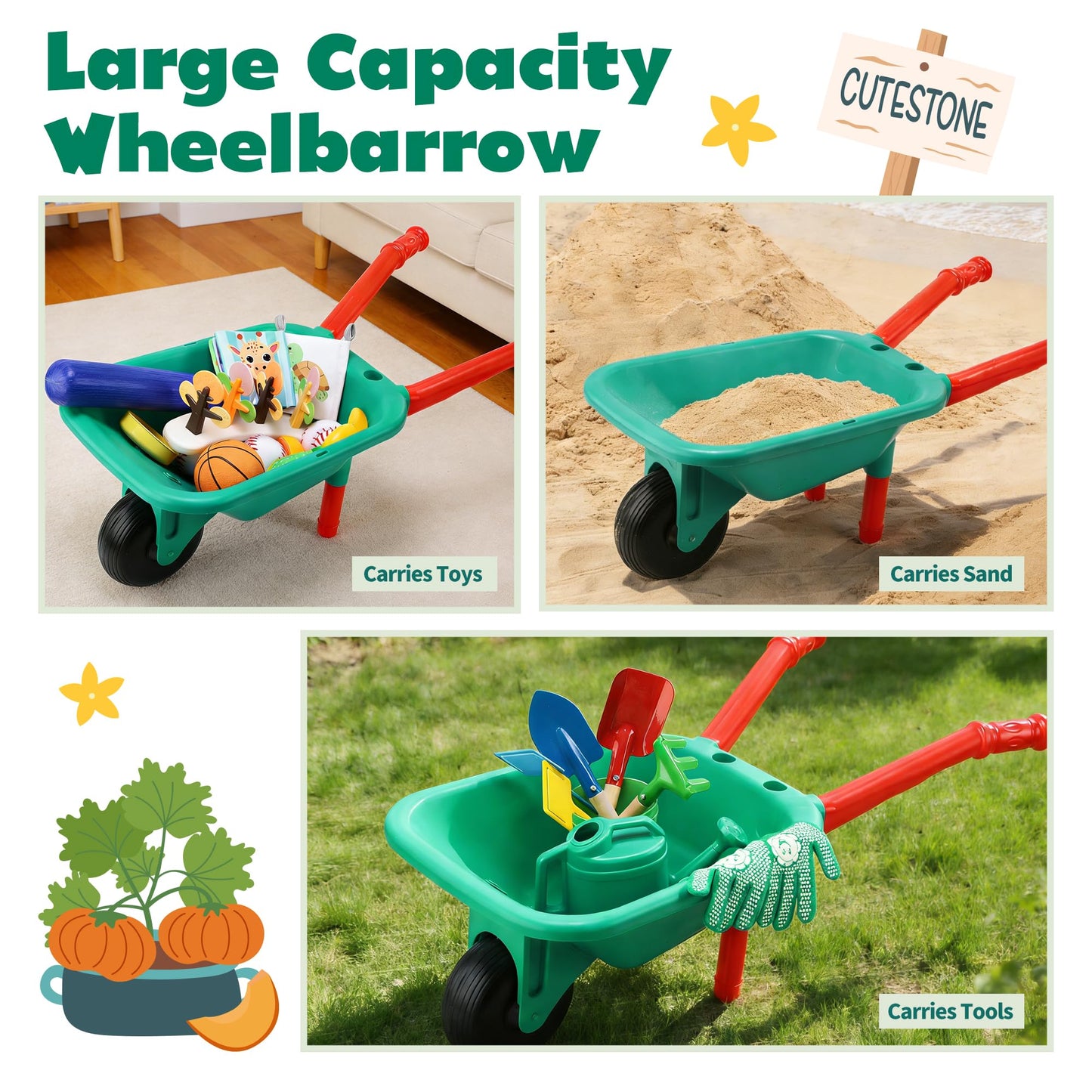 CUTE STONE Kids Gardening Set with Toy Wheelbarrow, Indoor & Outdoor Yard Play, Kids Garden Tools & Toddler Gardening Kit with Gloves, Pots & Watering Can, Educational Garden Toys for Boys & Girls