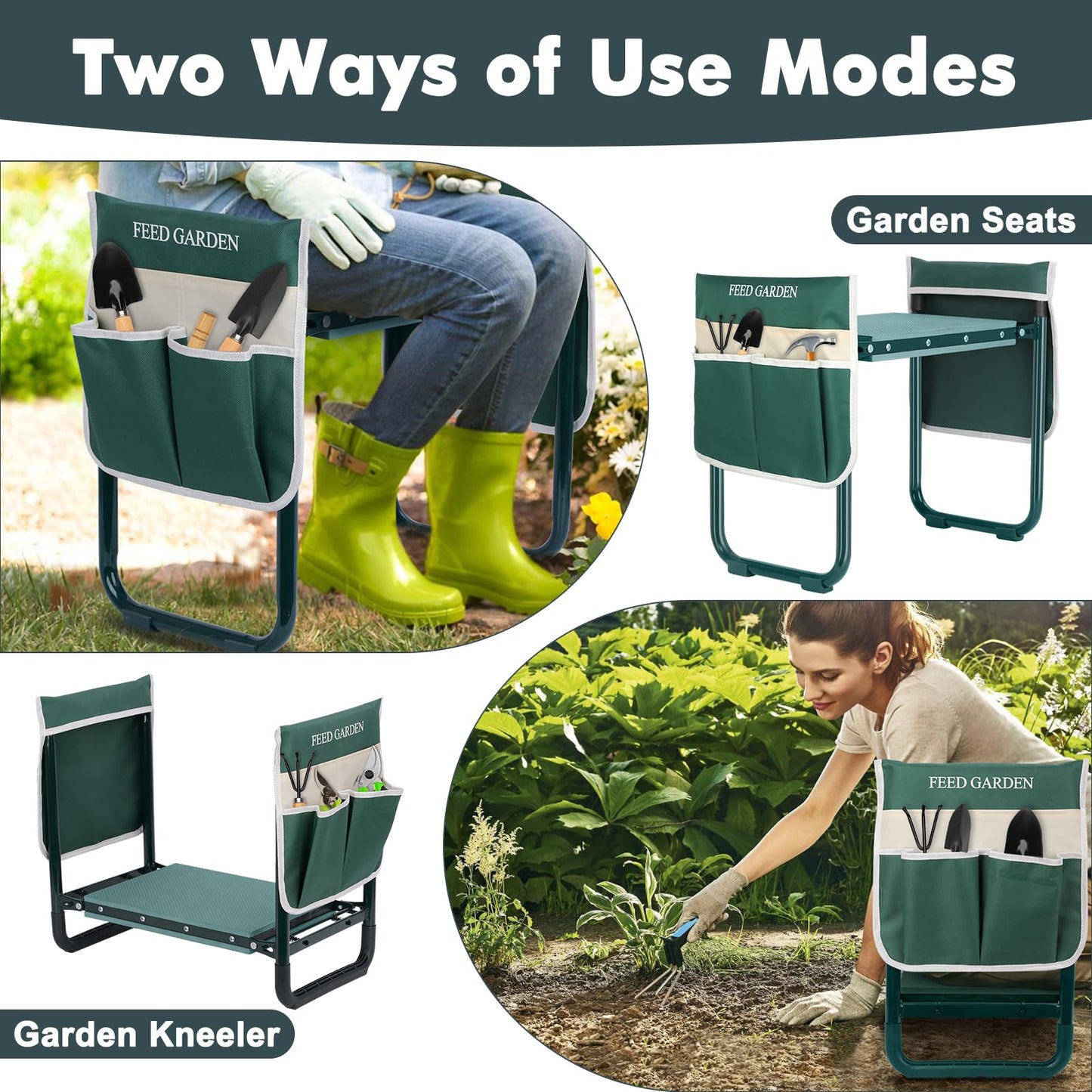 FEED GARDEN Garden Kneeler and Seat, Upgraded Foldable Gardening Stool with 10.23" Wide Kneeling Pad, Heavy Duty Gardening Bench Chair with 2 Tool Pouches, Gardening Gifts for Seniors Mom Women Men