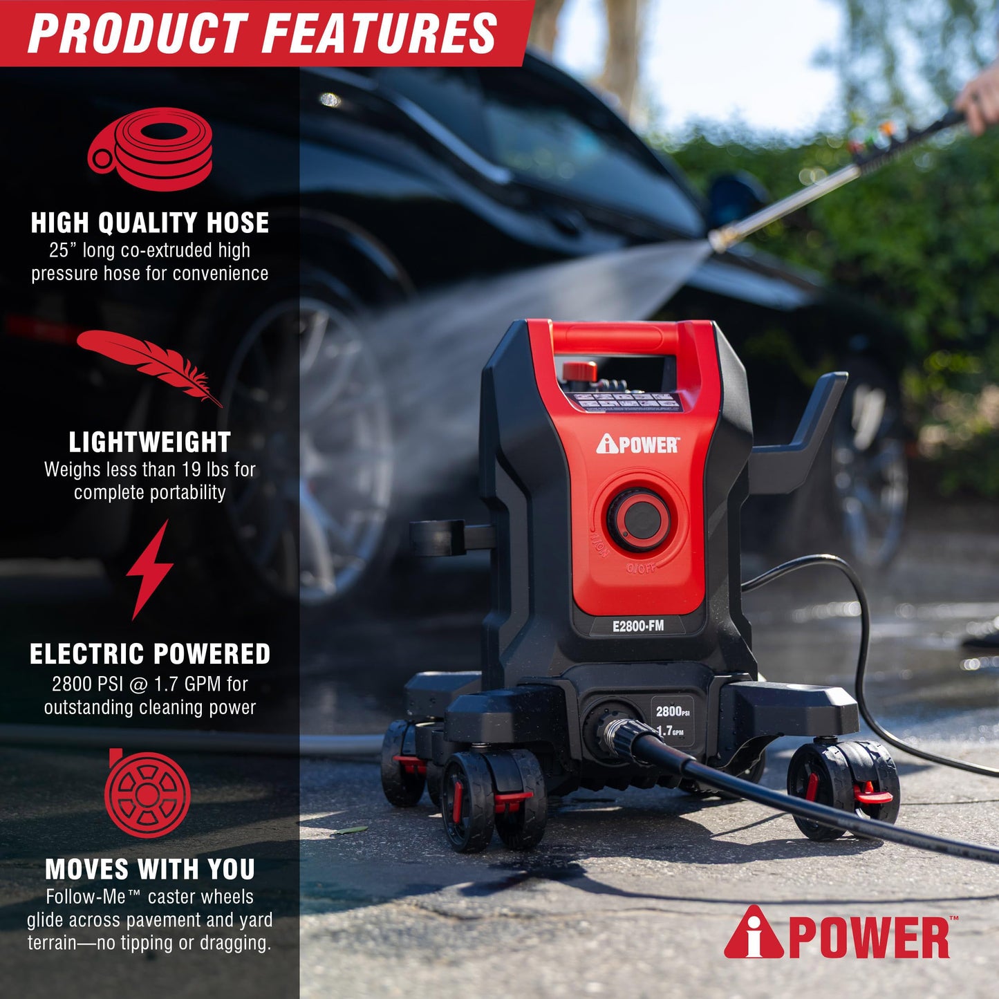 A-iPower Follow Me Electric Pressure Washer 2800 Max PSI 1.7 GPM Anti-Tipping Design with 5 Nozzles, Soap Dispense for Fences, Driveways, Patios, Cars, Home Cleaning, E2800-FM