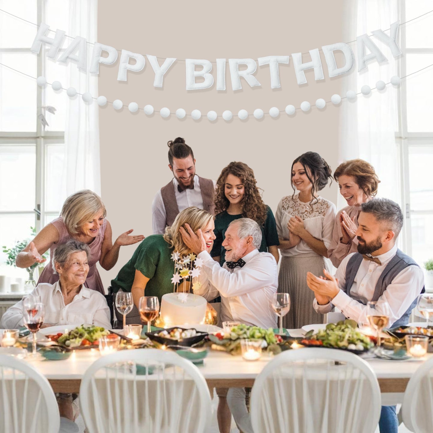 2 PCS Pre-Strung 3D Felt Happy Birthday Banner - White Theme Birthday Decorations Sign, Pom Pom Garland, Reusable Party Decor, Photo Prop（White）
