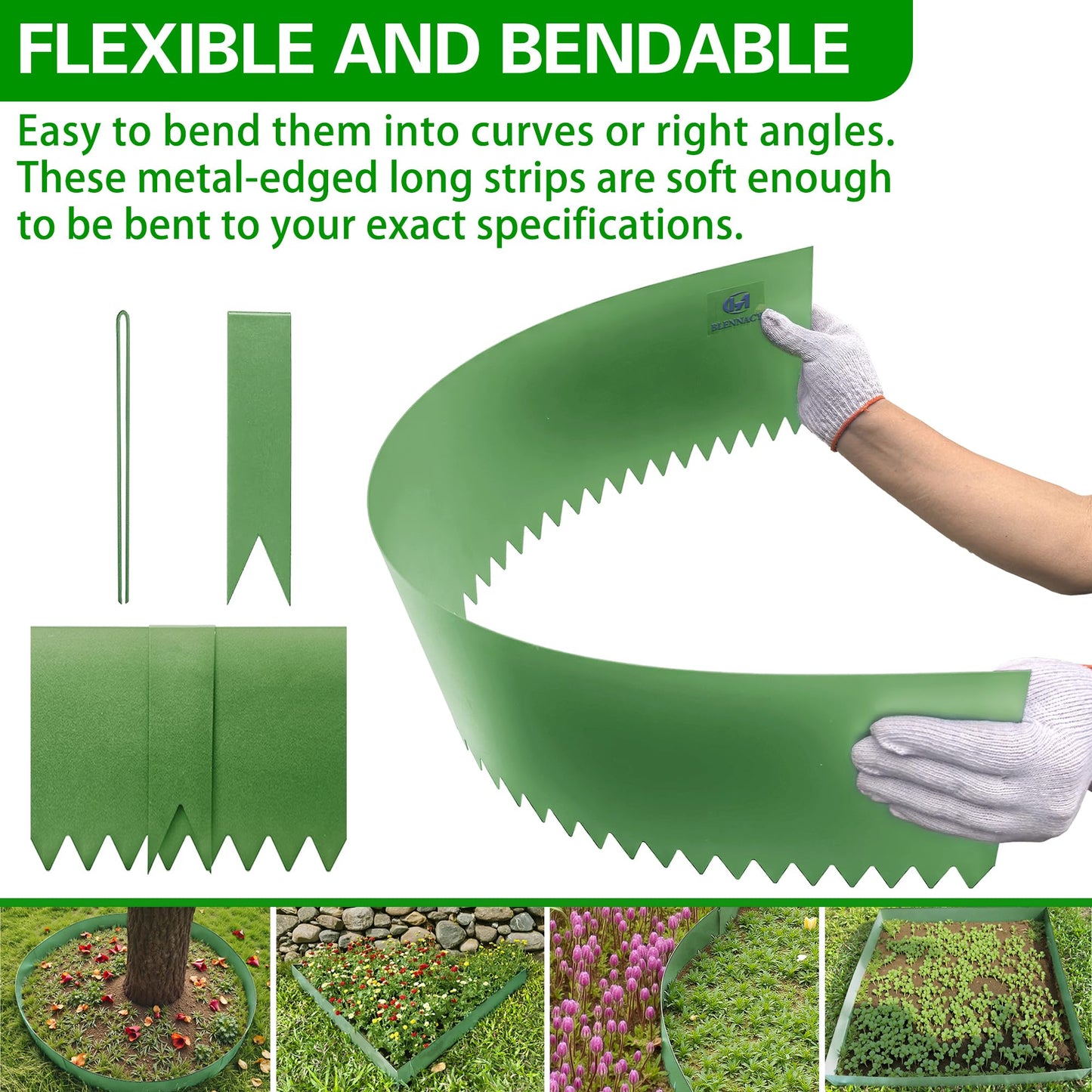 BLENNACY Metal Landscape Edging 6 Pack 40" L x 6" H,Galvanized Bendable Metal Garden Edging,Hammer- in Steel Landscape Edging with a Pair of Gloves and 7 Clips,Green (20 FT Total)