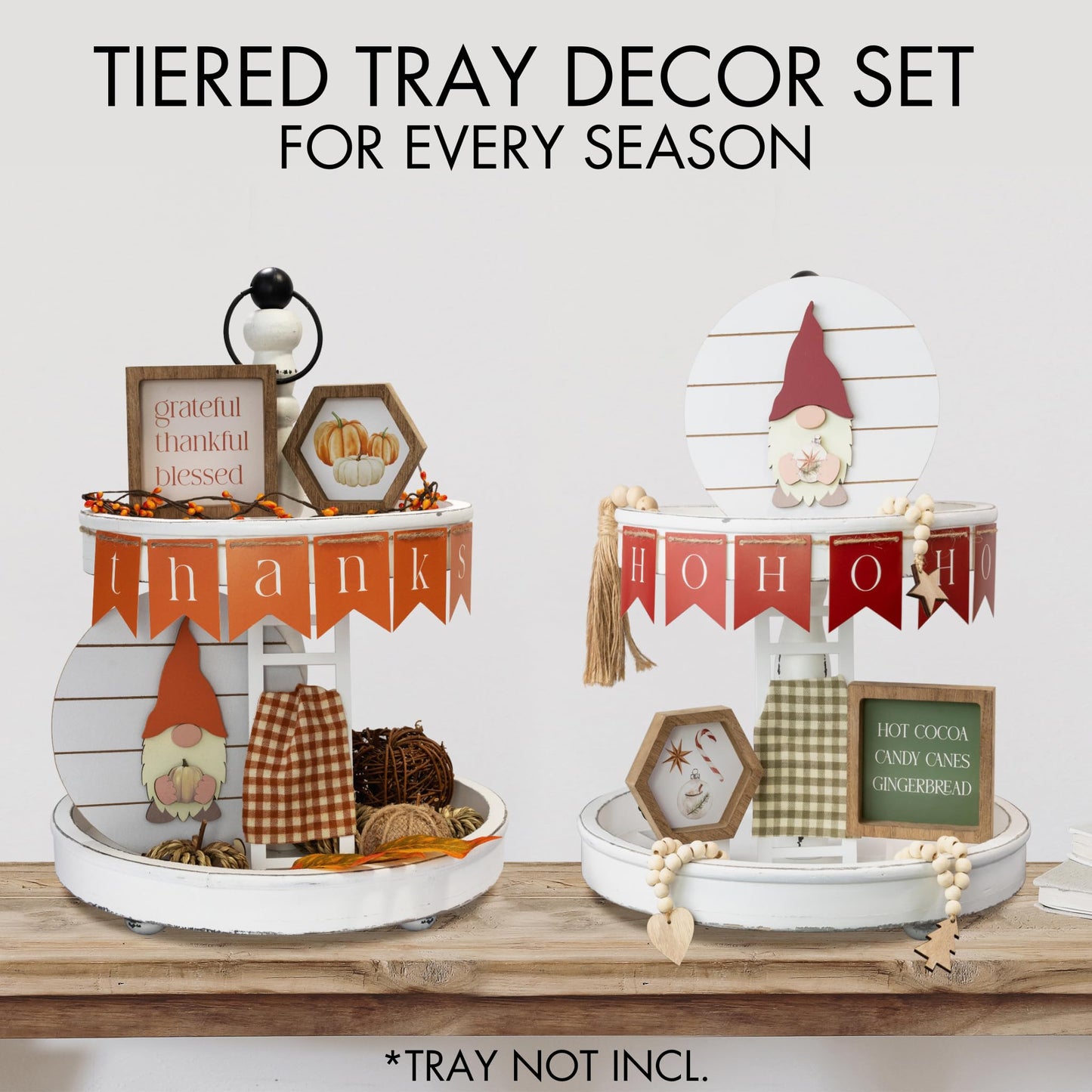 Beautiful Tiered Tray Decor Set for Christmas - Interchangeable All Season Decorations Bundle Incl. Spring, Valentines Day & More - Modern Farmhouse Centerpiece for Home & Kitchen Decor