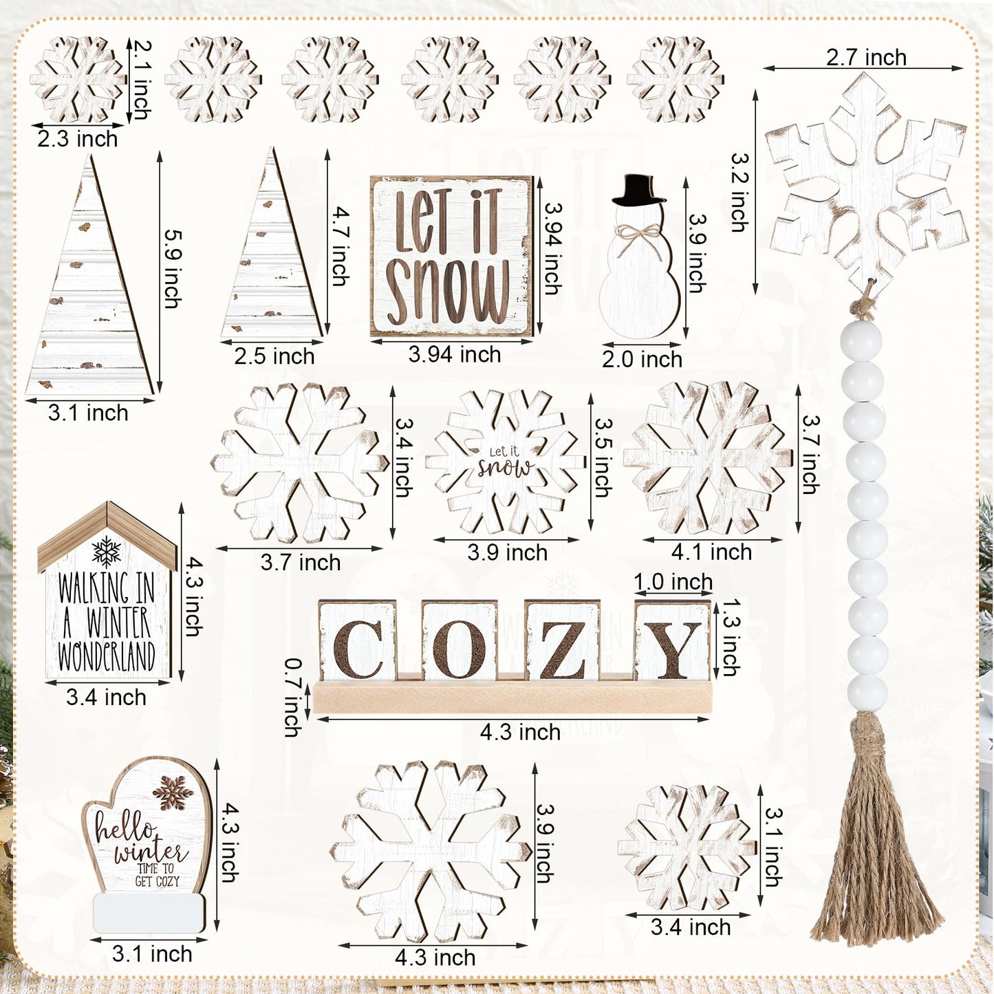 GlikCeil 19 Pcs Winter Tiered Tray Decor Snowflakes Wood Rustic Decoration Tiered Sign Table Centerpieces Without Tray for Tabletop Shelf Winter Xmas Home Party Gifts(Rustic)