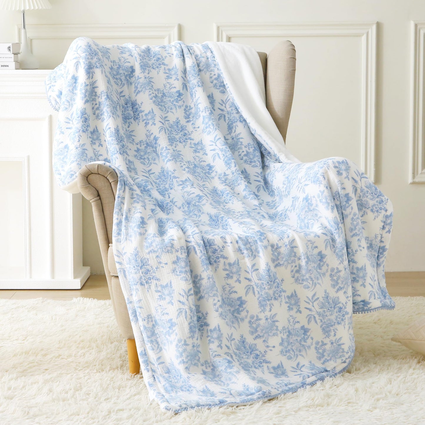 Viviland Fleece Throw Blanket Reversible Muslin Blankets, Soft Throw Blanket for Couch and Bed, Breathable Quilt Bedspread, Gauze Bedding for Adults, Large 50x70 inch, Blue Nerrah