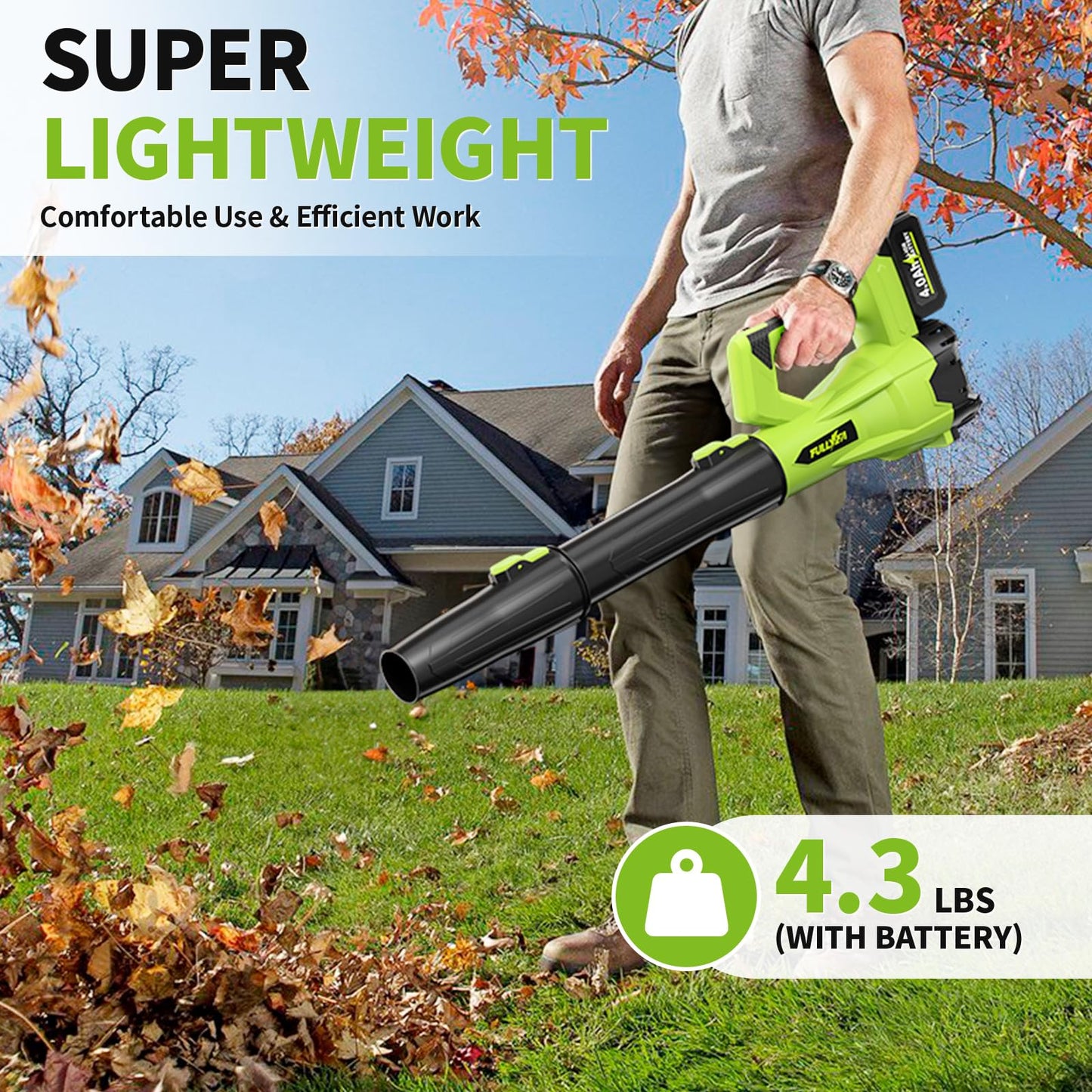 FULLYEA Cordless Leaf Blower 650CFM/180MPH, 21V Electric Leaf Blower with 3 Tubes & 2 x 4.0Ah Batteries, 6 Speed Modes, Battery Powered Leaf Blowers for Cleaning Patio, Yard, Garage, Lawn (Green)