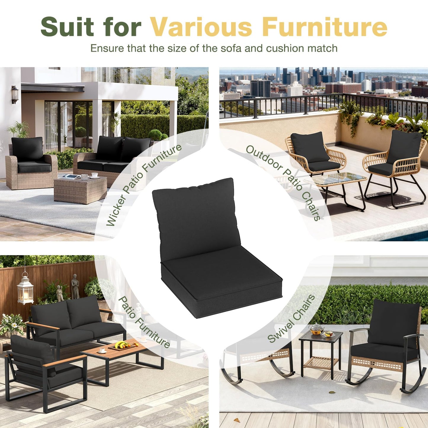 Aoxun Replacement Cushions for Outdoor Furniture, 4-Piece Outdoor Cushions for Patio Furniture, Deep Seat, Waterproof & Fade Resistant Couch Cushion for 4-Seat Patio Conversation Sets, Black