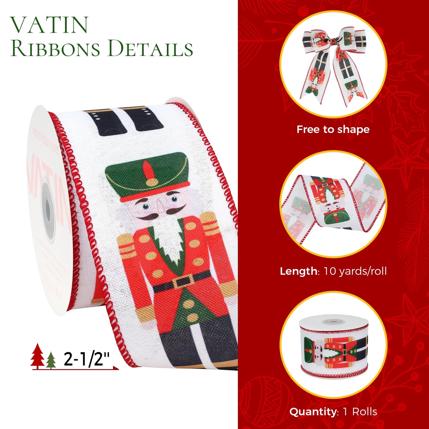 VATIN Christmas Linen Ribbon with Nutcracker Printed, 2-1/2-Inch x 10 Yards Thick Ribbon for Tree Decorations, Gift Wrapping, Bows, Holiday Crafts