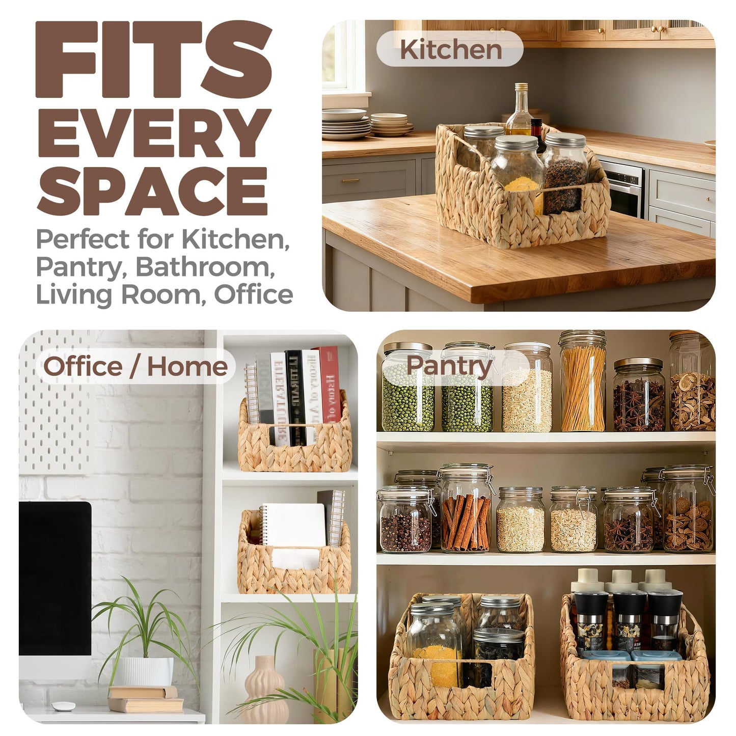 2-Pack Wicker Basket Set - Water Hyacinth Pantry Organizers and Storage w/Handles, For Home, Bedroom, Kitchen, & More - 100% Earth Friendly Woven Rattan, Simple Open Shape Decorative Baskets