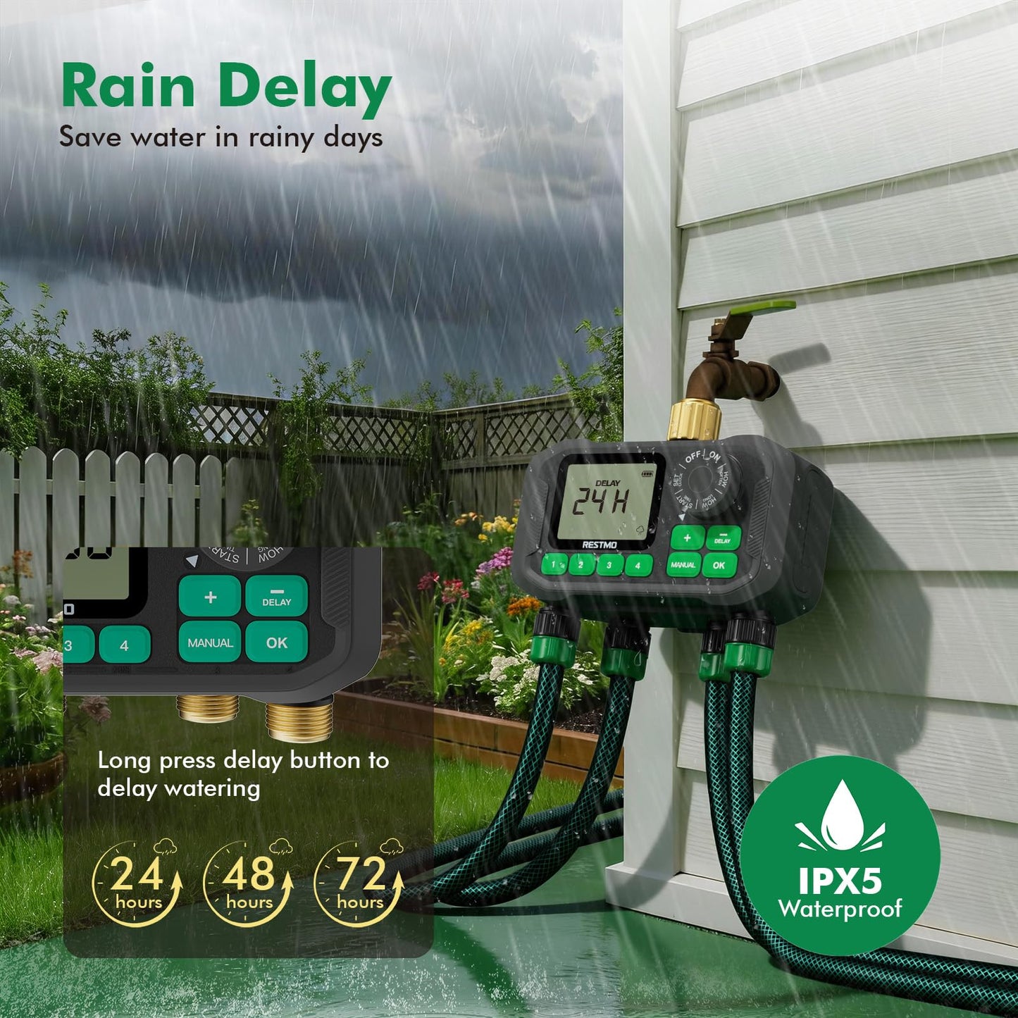 RESTMO Sprinkler Timer for Outdoor Hose Faucet 4 Zone, Up to 11h59m Programmable Watering Timer for Soaker Hose, Misting with Brass Inlet & Large Dial, Rain Delay/Manual/Automatic Irrigation System