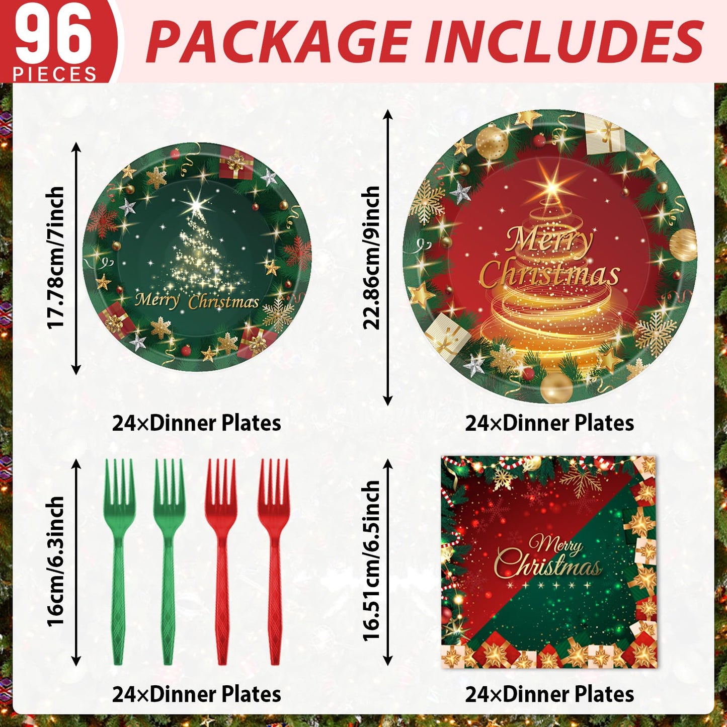 96PCS Christmas Party Supplies - Paper Plates & Napkins in Red & Green - Serves 24 - Xmas Tree Party Decorations & Favors