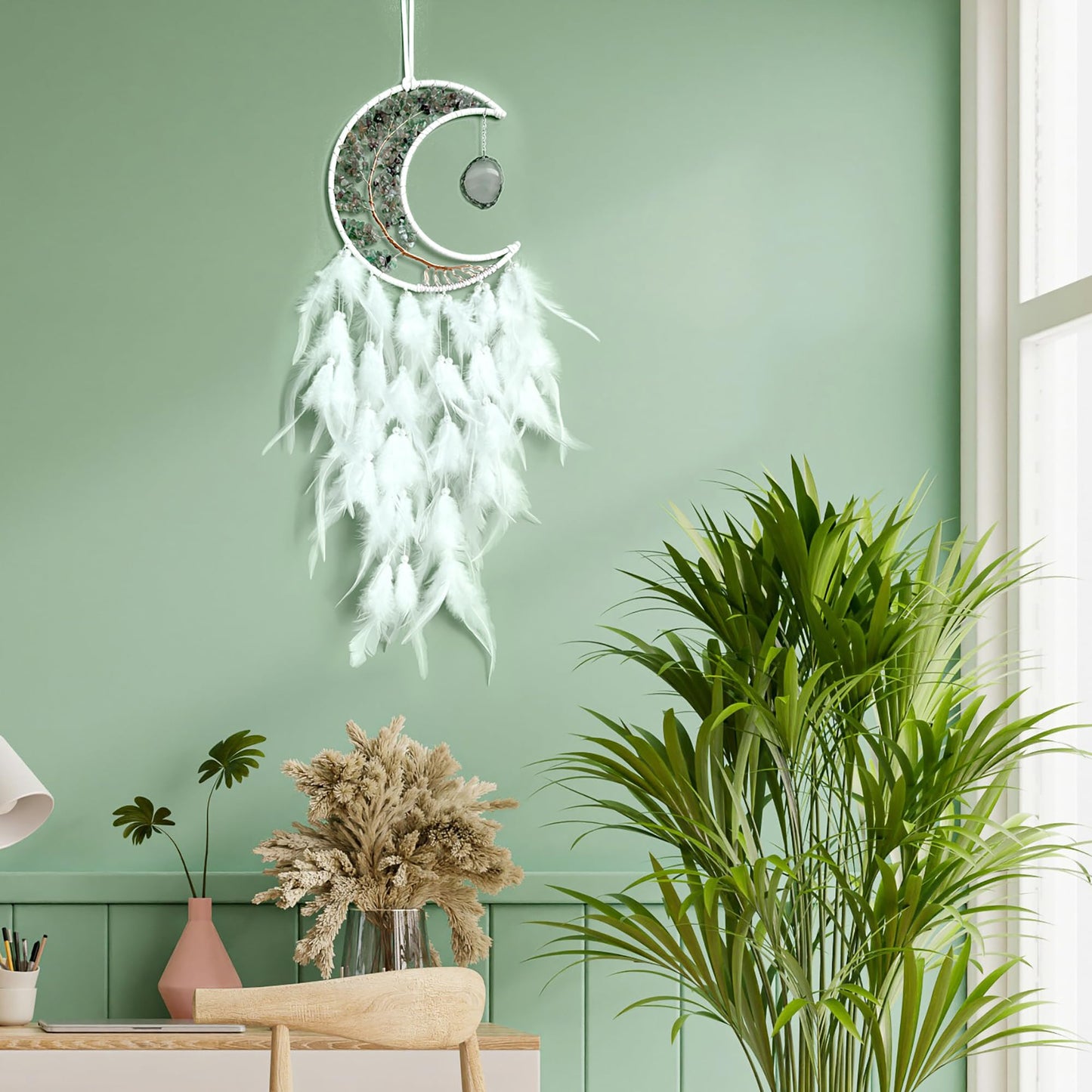 Moon Dream Catchers with Chakra Gemstone Agate Stone, Crystal Tree Life Dream Catchers Wall Hangings Room Decor (White)