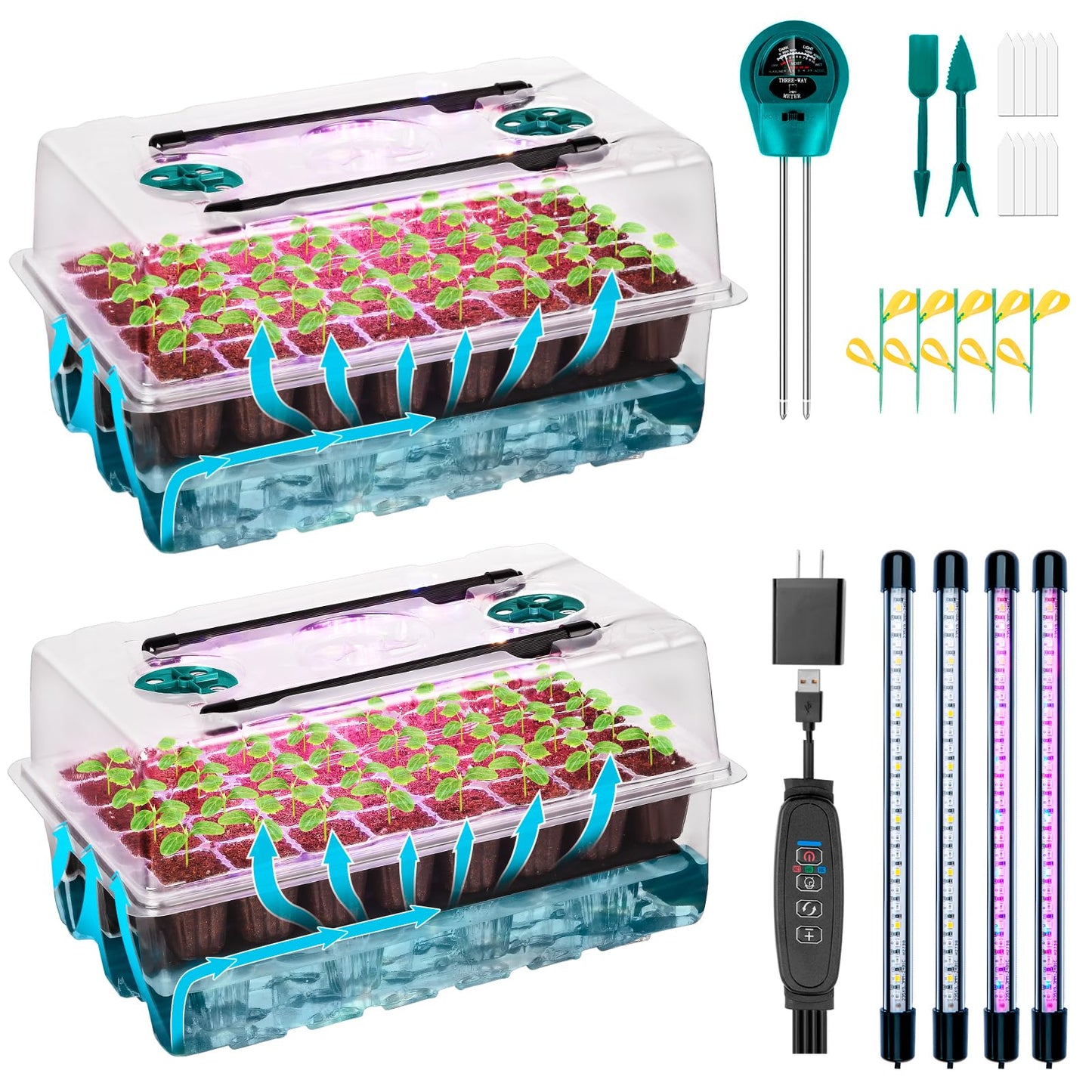 Hugbow Self-Watering Seed Starter Tray with Grow Light, 80-Cell Plant Starter Trays Seed Starter Kit, Seed Starter Tray for Seed Starting, Plant Germination & Seedling Growing, 2 Pack