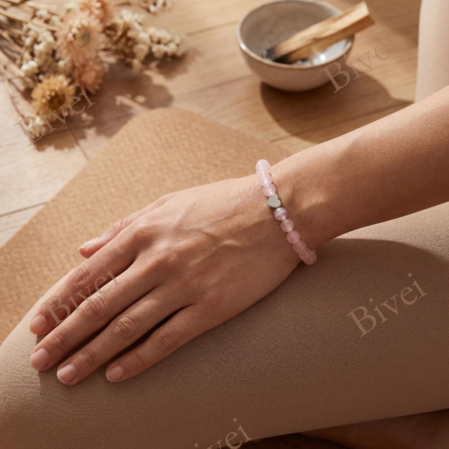 Bivei 6mm Rose Quartz Crystal Stretch Bracelets for Women, Handmade Natural Stone Beaded Bracelet, Yoga Protection Jewelry Gift